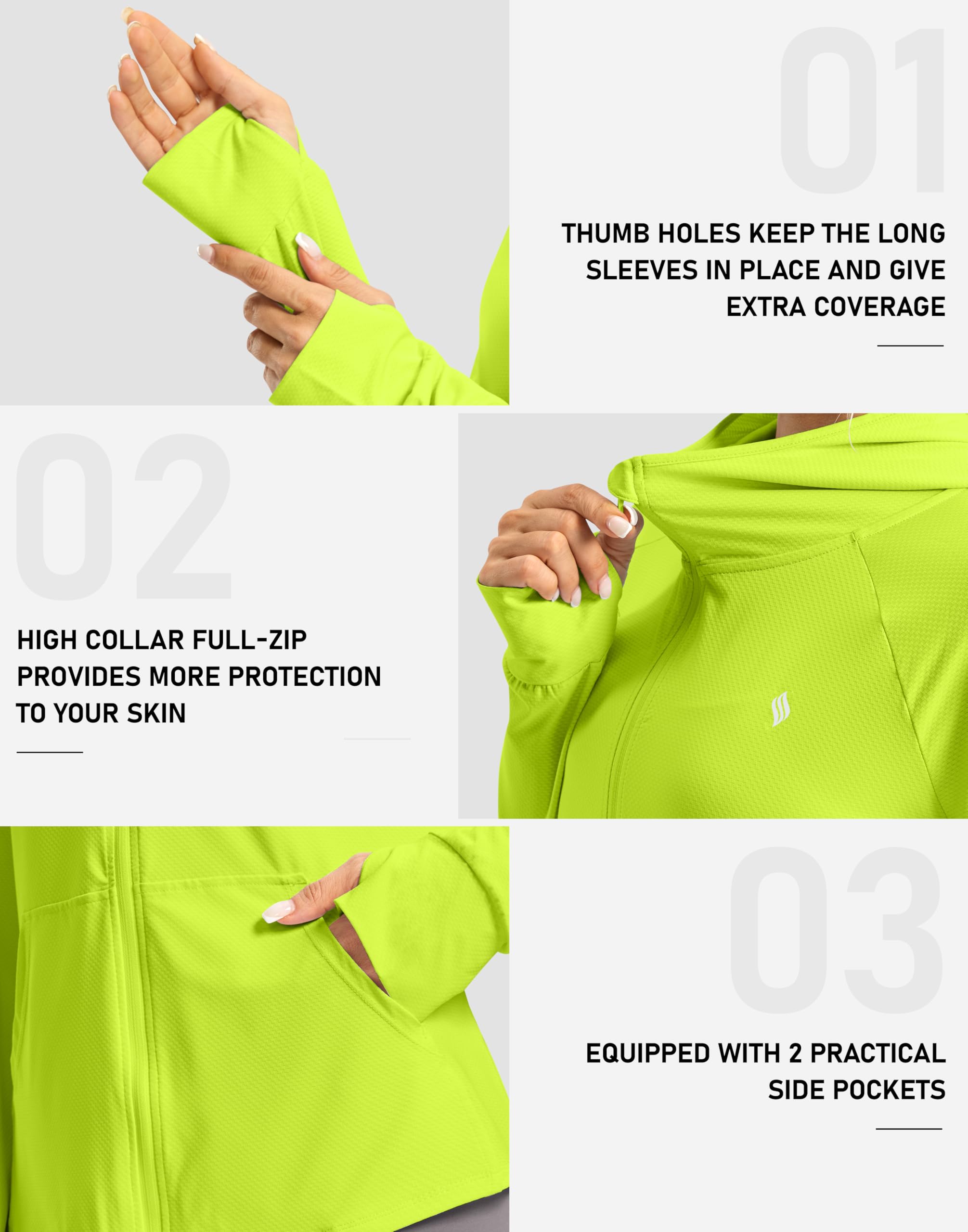 SANTINY Veste à capuche anti-UV UPF 50+ pour femme - Protection solaire - Fermeture éclair - Léger - SPF - Manches longues - Pour la randonnée, la course à pied