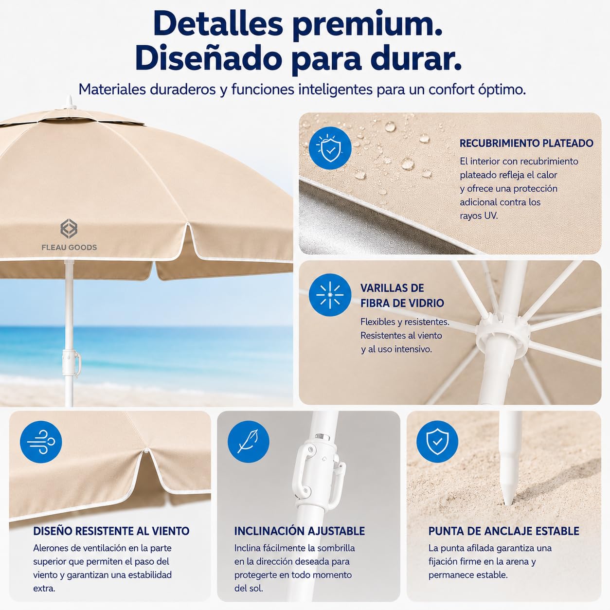 Fleau Set de playa protección solar 175 cm - Set de sombrilla - Incluye base y funda - Set de playa con esterilla de playa
