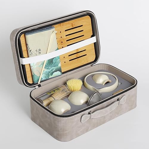 Miniatura 6 de Juego de 12 batidores de matcha, 15 onzas, juego de matcha japonés, con 2 tazas y 1 bolsa de almacenamiento de cuero, juego completo de matcha de