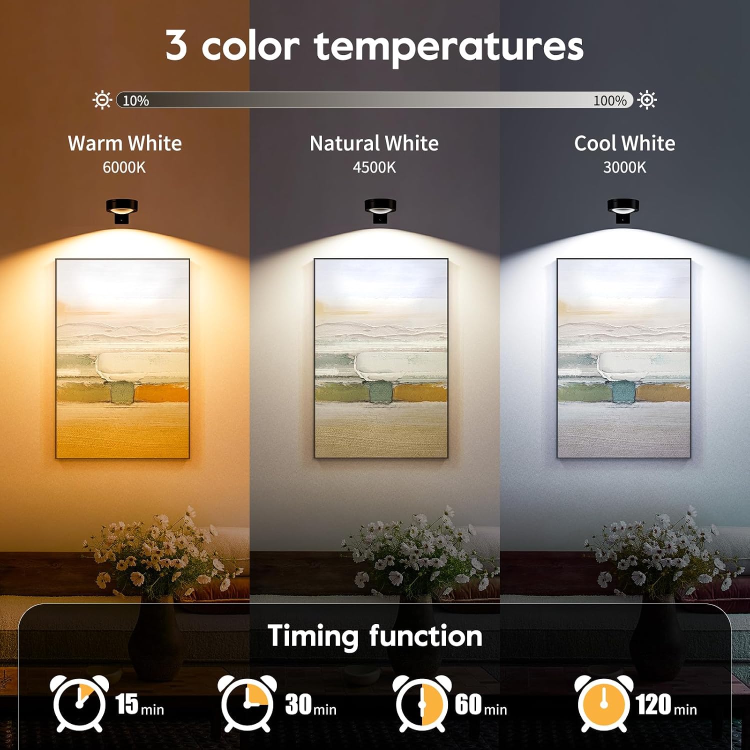 Brightown 3-Pack Picture Lights for Wall,Rechargeable Battery Operated Painting Light Magnetic Art Display Light with Remote, Puck Lights, Dimmable & Timer Art Lighting for Paintings Wireless,Black