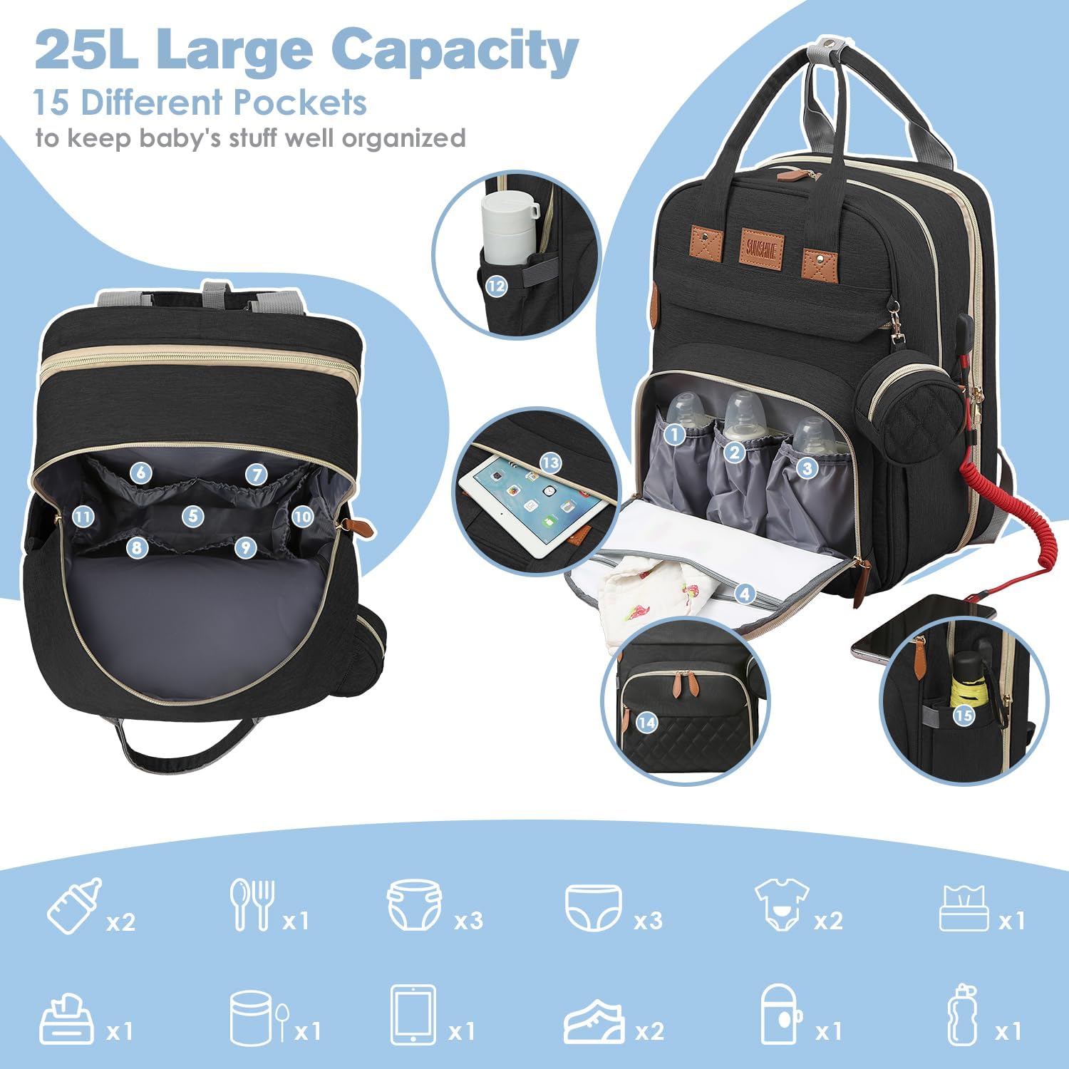 Diaper Bag Backpack, Large Diaper Bag with Changing Station, Baby Bag, New Mom Gifts, Lightweight Waterproof Unisex Diaper Bag with Insulated Pockets and USB Charging Port, Black - Image 2