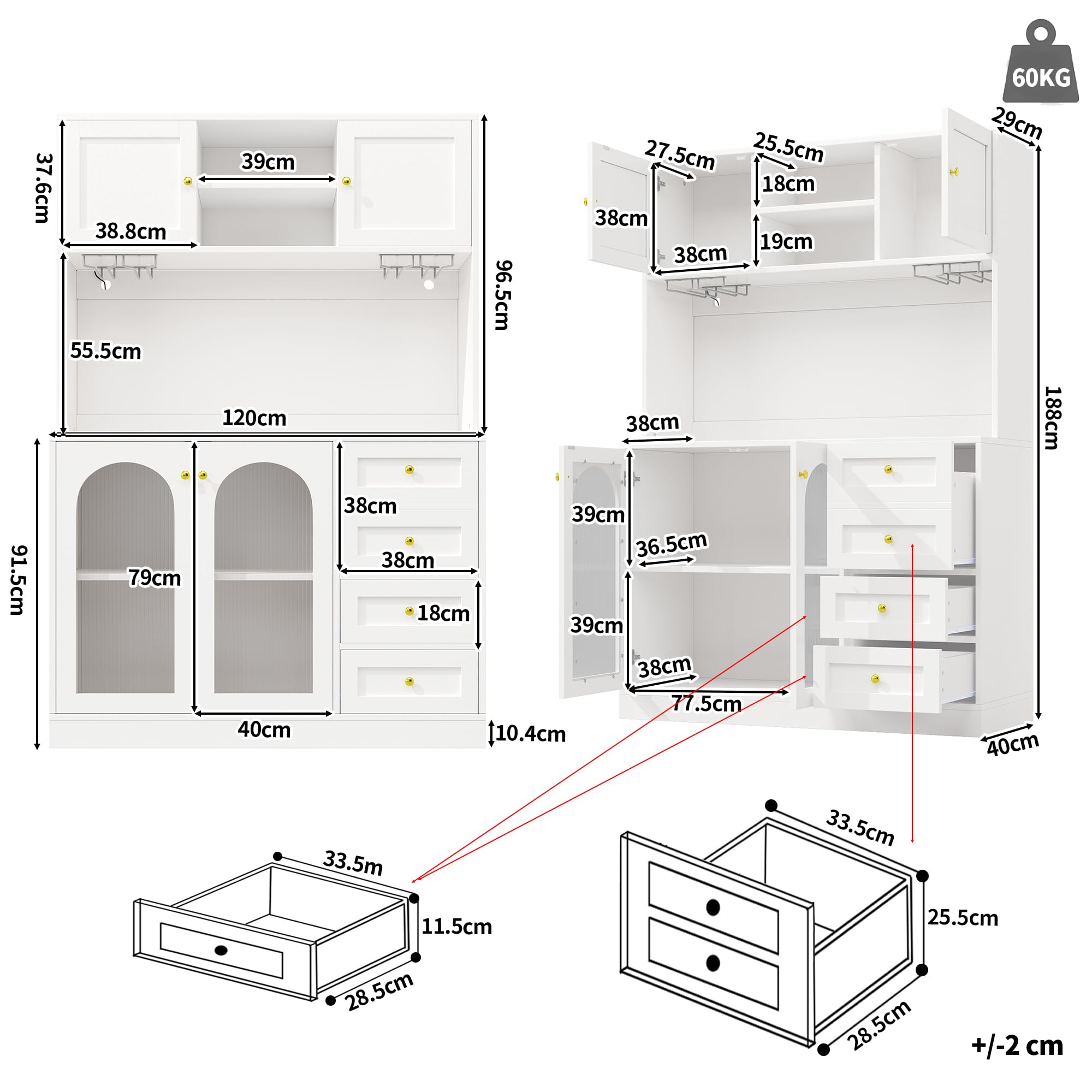 DRIXNO Küchenschrank, Aufbewahrungsschrank, Buffetschrank mit LED-Beleuchtung, Esszimmerschrank mit Getränkehaltern, 4 Türen, Sideboard für Küche Wohnzimmer Esszimmer, 120x40x188 cm, Weiß