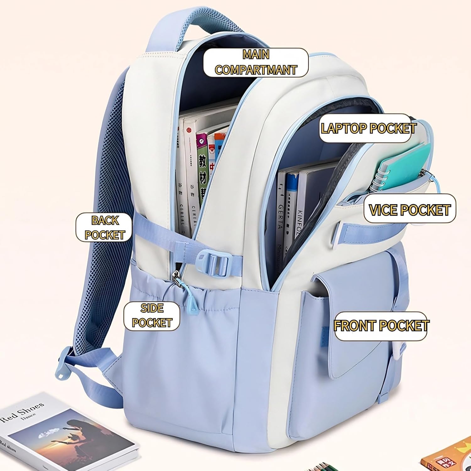 Kawaii Backpack with 22Pcs Accessories Anime Cartoon Anti-Theft Travel Aesthetic New Semester Gifts Bag with Cute Pin