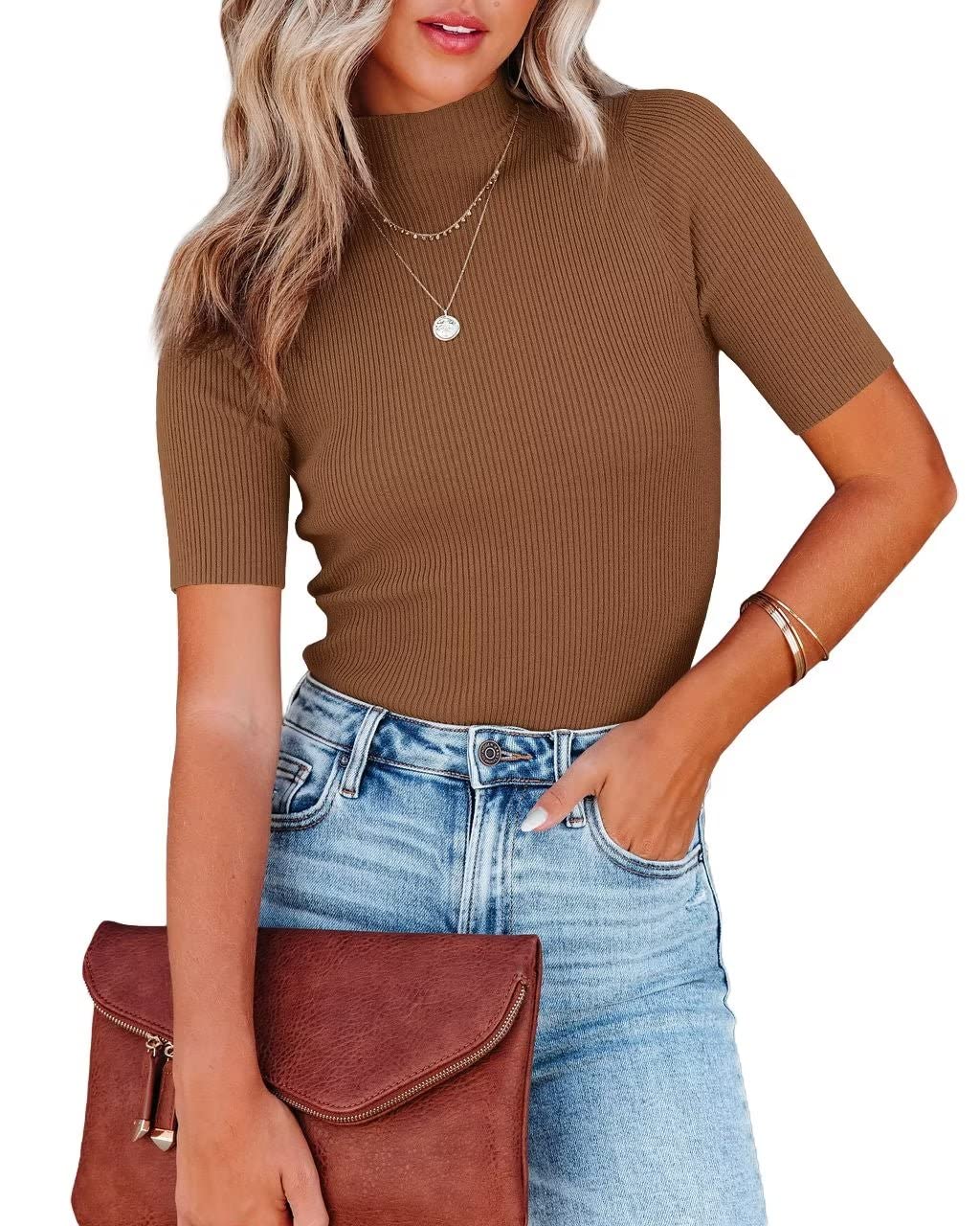 Lacozy Women's Mock Neck Short Sleeve Ribbed Knit Pullover Sweater Tops