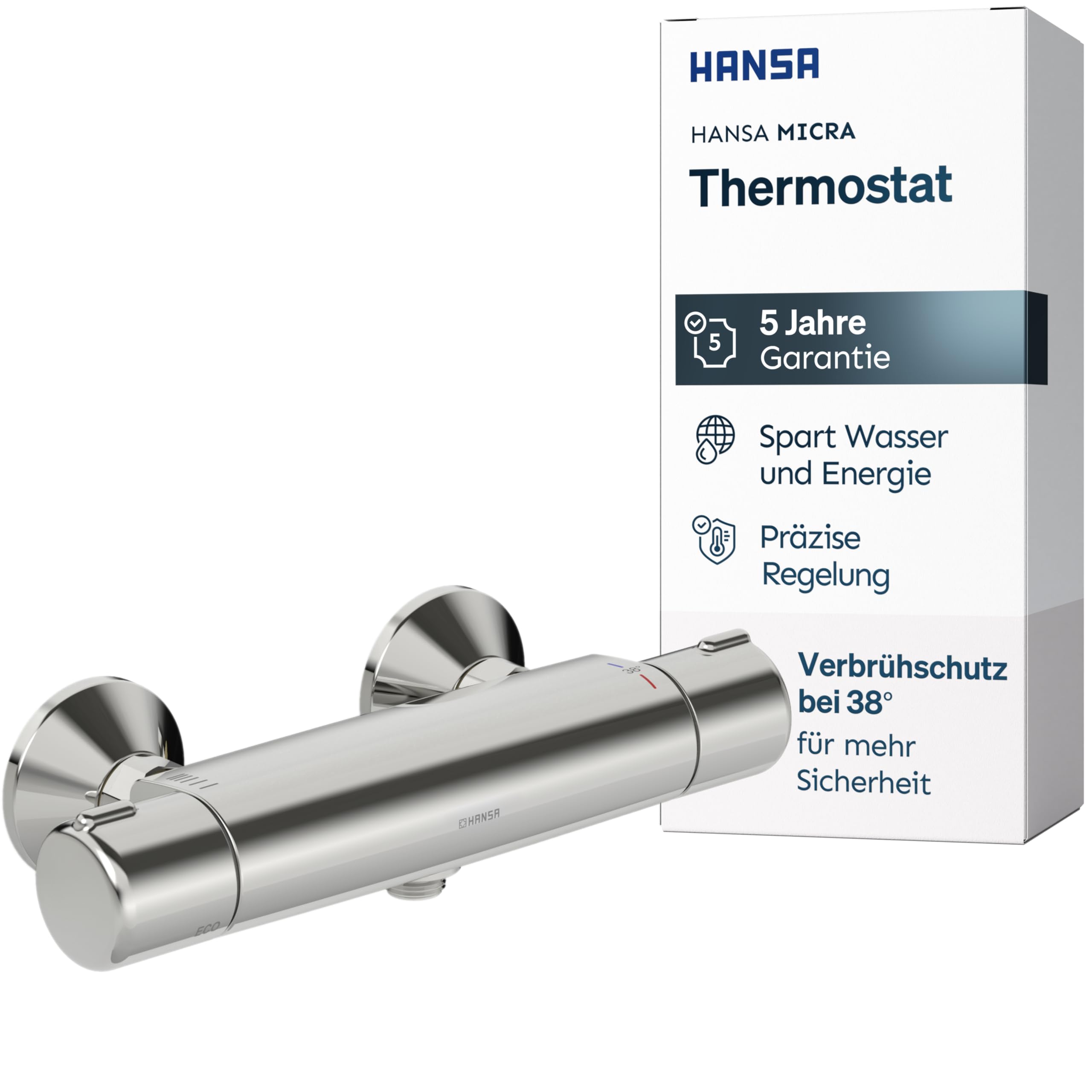HANSA MICRA Thermostat Dusche I Duscharmatur mit Verbrühschutz 38°C und ThermoCool Funktion I Wassersparend mit EcoFlow 11,4 l/min | Mischbatterie für Badezimmer | Bad Armatur Duschthermostat |Chrom
