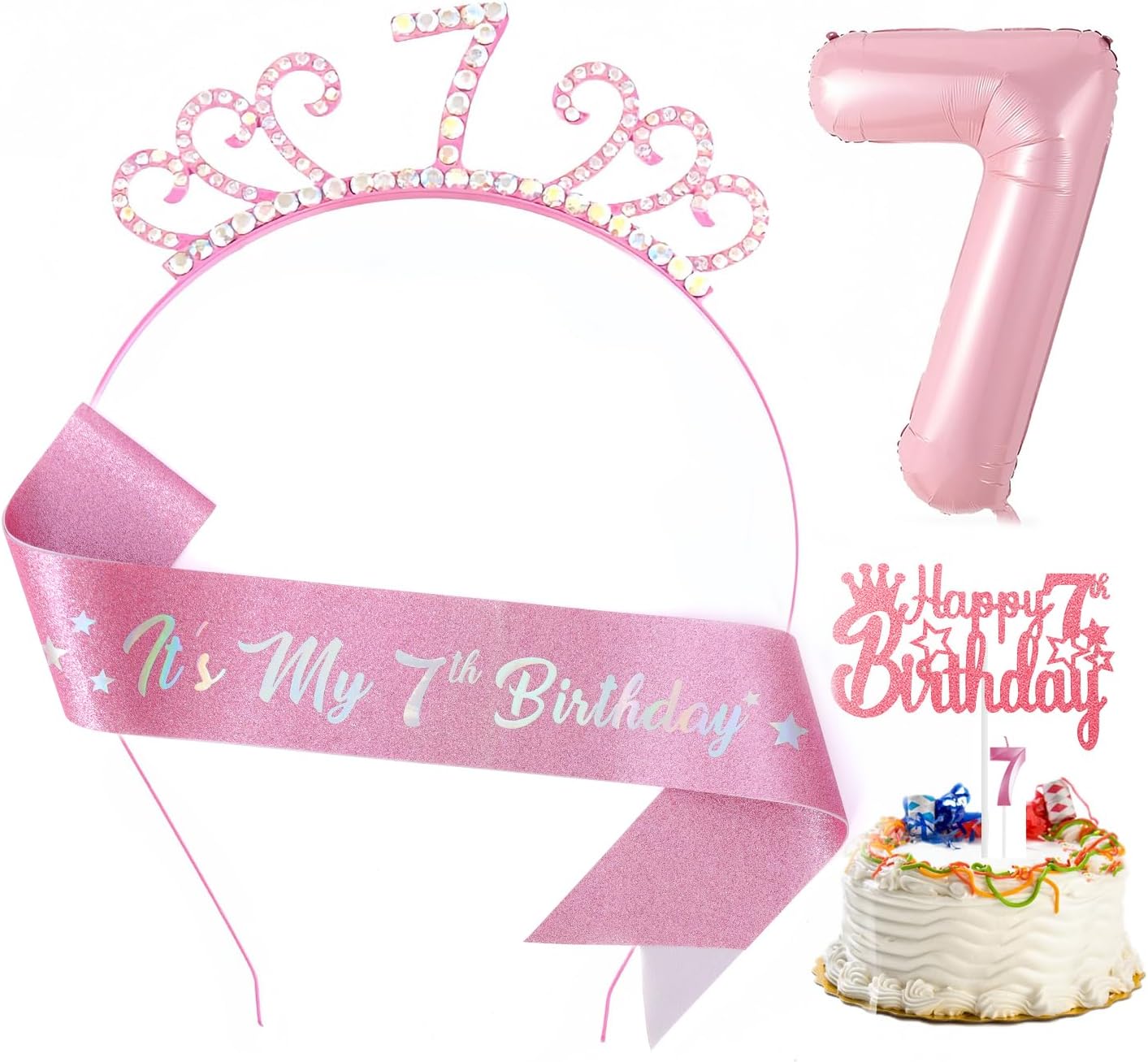Pink 7th Birthday Decoration Sets for Girl,Birthday Sash and Rhinestone Crown,Candle, Cake Topper Foil Balloon for Girl's Gift Party Decor Supplies (Pink 7th)