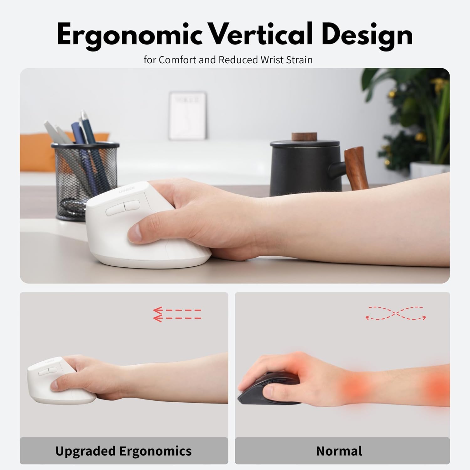 Hand holding vertical mouse showing ergonomic grip