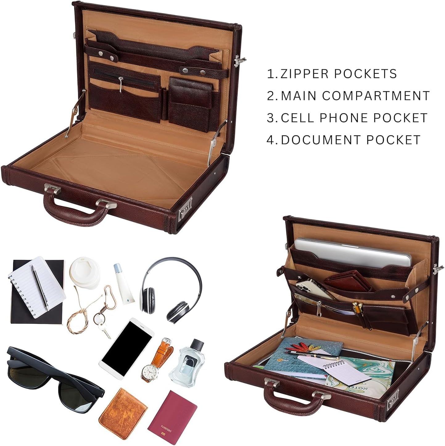 Full Grain Leather Briefcase Attache Case For Unisex Size L17xW3xH12 Inches Briefcase Bag (Brown)