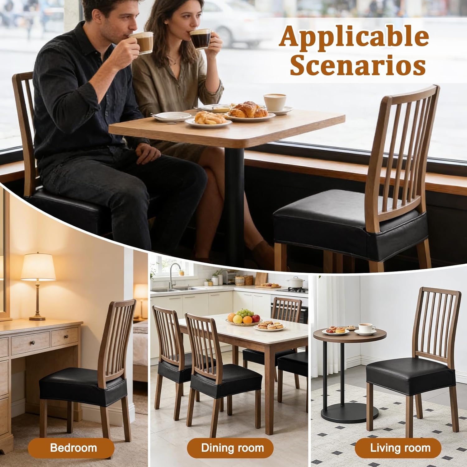 Dioxide Chair Covers Waterproof Pu Leather Seat Covers for Dining Room Chairs Set of 6,Soft Chairs Seat Slipcovers with Anti-Slip Elastic Band Protector Cover Stretch Kitchen Seat Covers(Black)