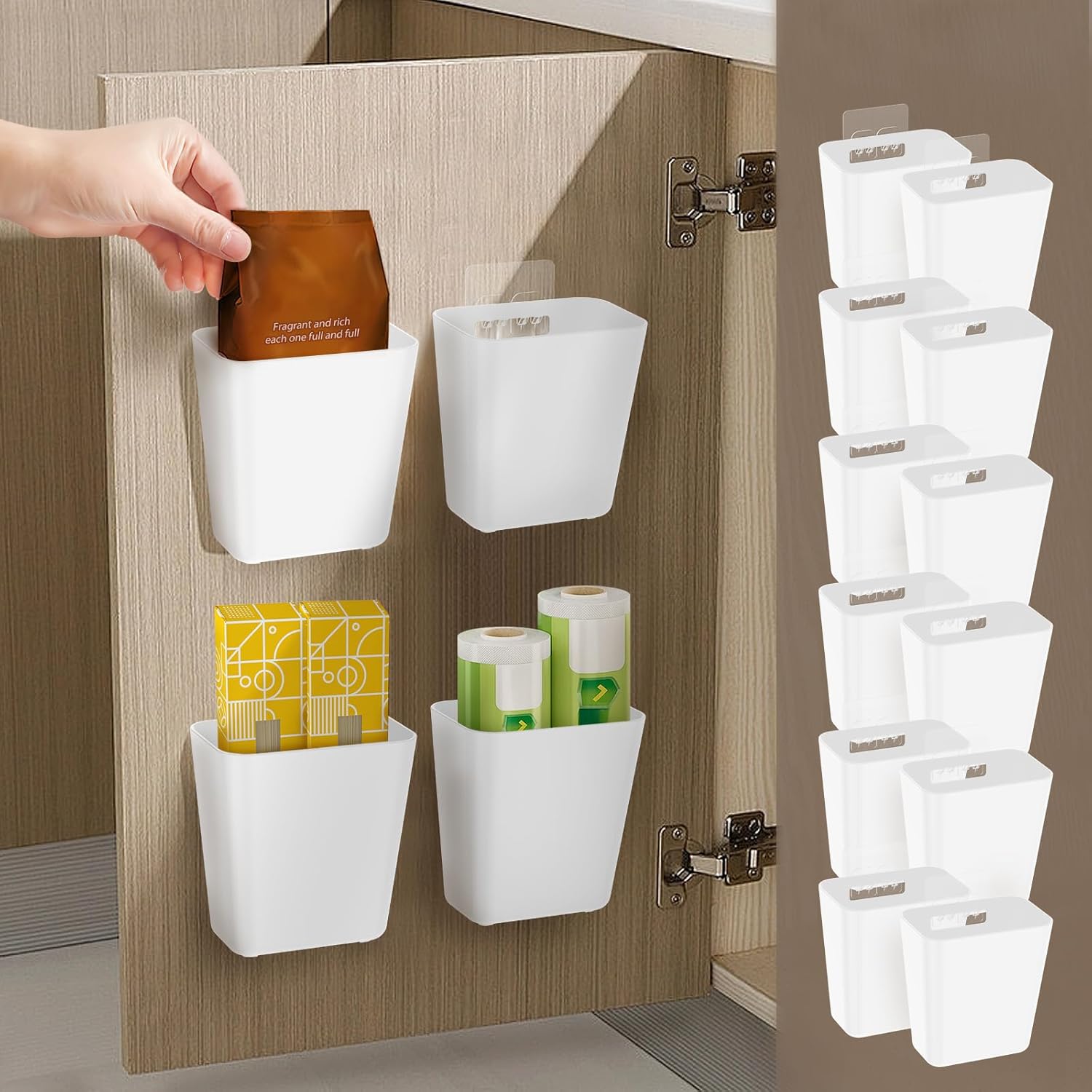 Kitchen Cabinet Door Storage Box 12PCS, Self Adhesive Wall Mounted Storage Box, Small Items Organizer for Wardrobe/Bathroom/Refrigerator, Cabinet Door Organizer