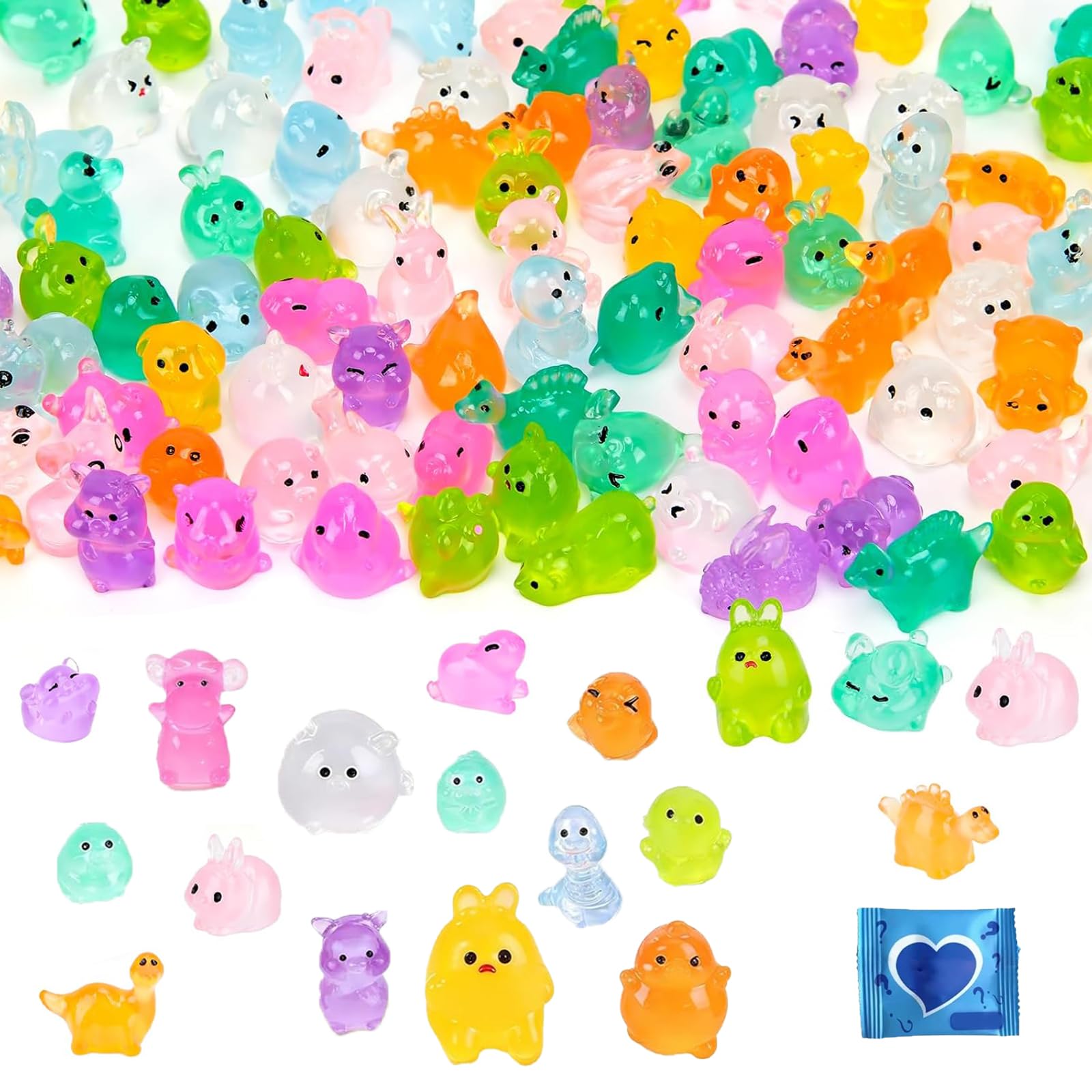 Cheewing 110Pcs Mini Resin Animals Blind Bags, Glow in The Dark Tiny Plastic Animal Figures Mixed Mystery Bags, for Miniature Garden Dollhouse Aquarium Micro Landscape Decor
