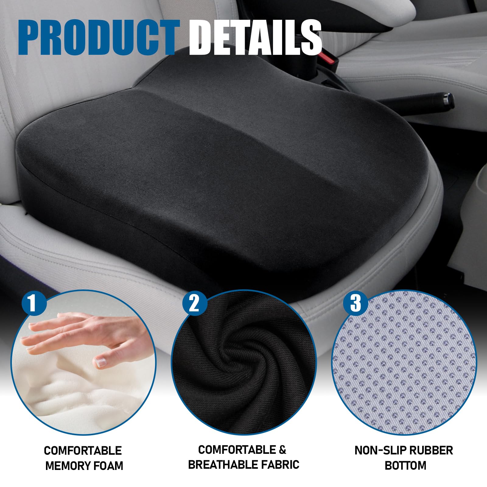 Cuscino per auto in memory foam, ortopedico per alleviare il dolore alla schiena e sciatica, rialzo per il conducente, cuscino antiscivolo per auto, camion, furgoni, sedia da ufficio e sedia a rotelle