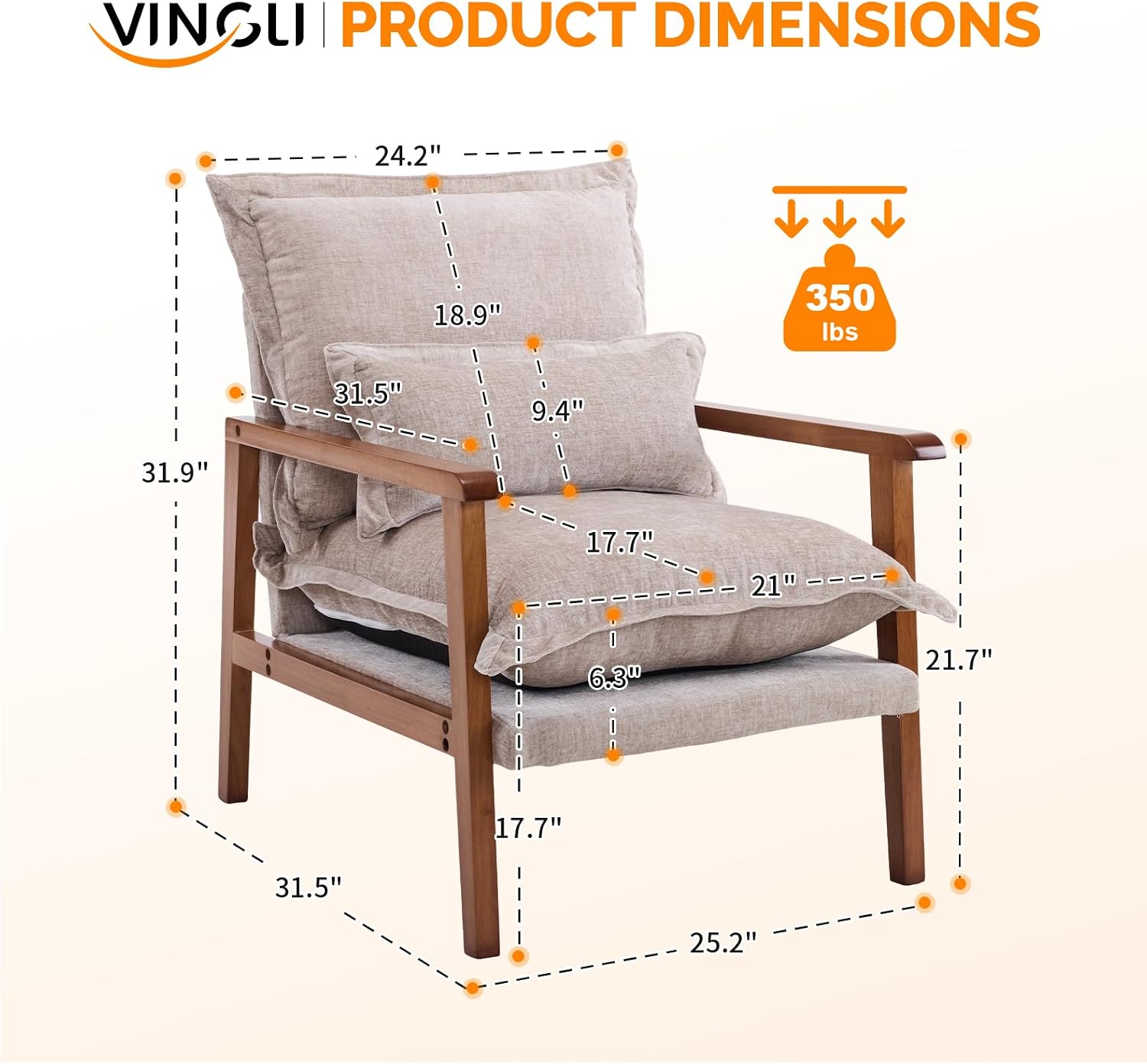 VINGLI Mid-Century Modern Cloud Accent Armchairs Set of 2 with Lumbar Pillow, 6.3'' Thick Seat Cushion Reading Chairs with Wooden Armrests, Boho Lounge Chair for Bedroom, Living Room, Chenille, Khaki