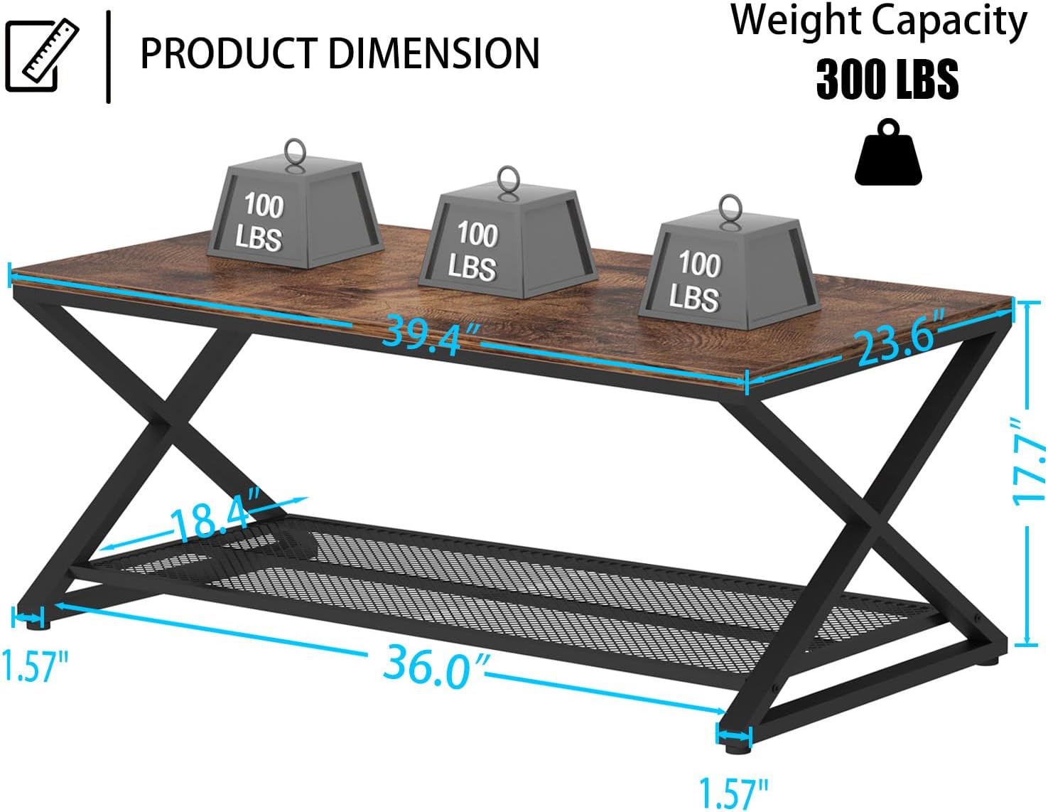 LVB Rustic Coffee Table, Industrial Metal Wood 2 Tier Cocktail Tea Table with Storage for Living Room, Farmhouse Wooden Rectangle Center Table with Mesh Shelf for Office Bedroom, 39 inch, Rustic Brown