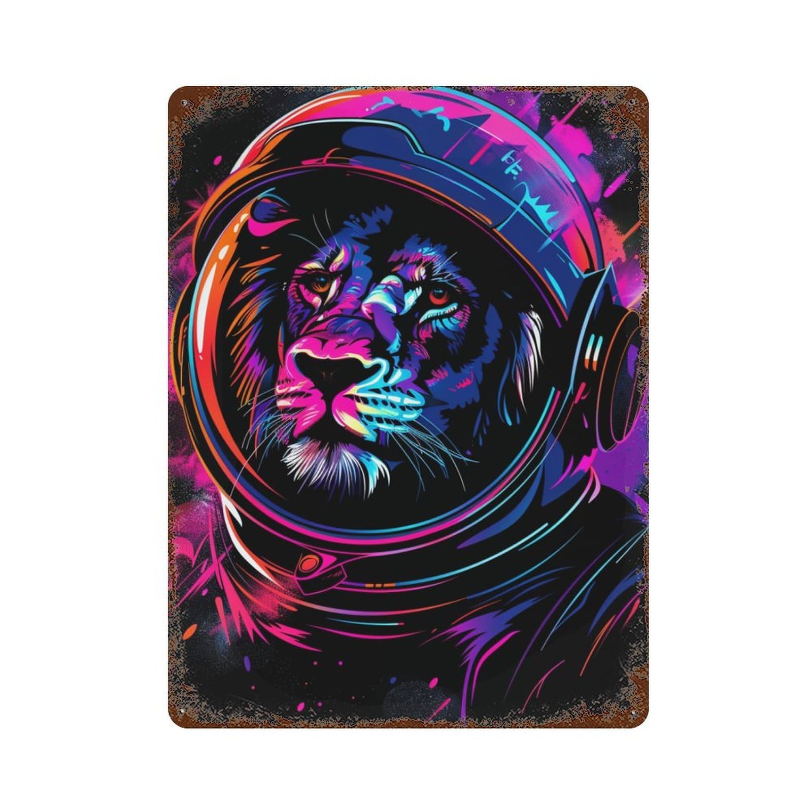Lion Astronaut Helmet Art Print Rust Effect Tin Sign 15.7"x11.8", for Farmhouse, Kitchen And Entryway Decor, Decorative Metal Wall Art