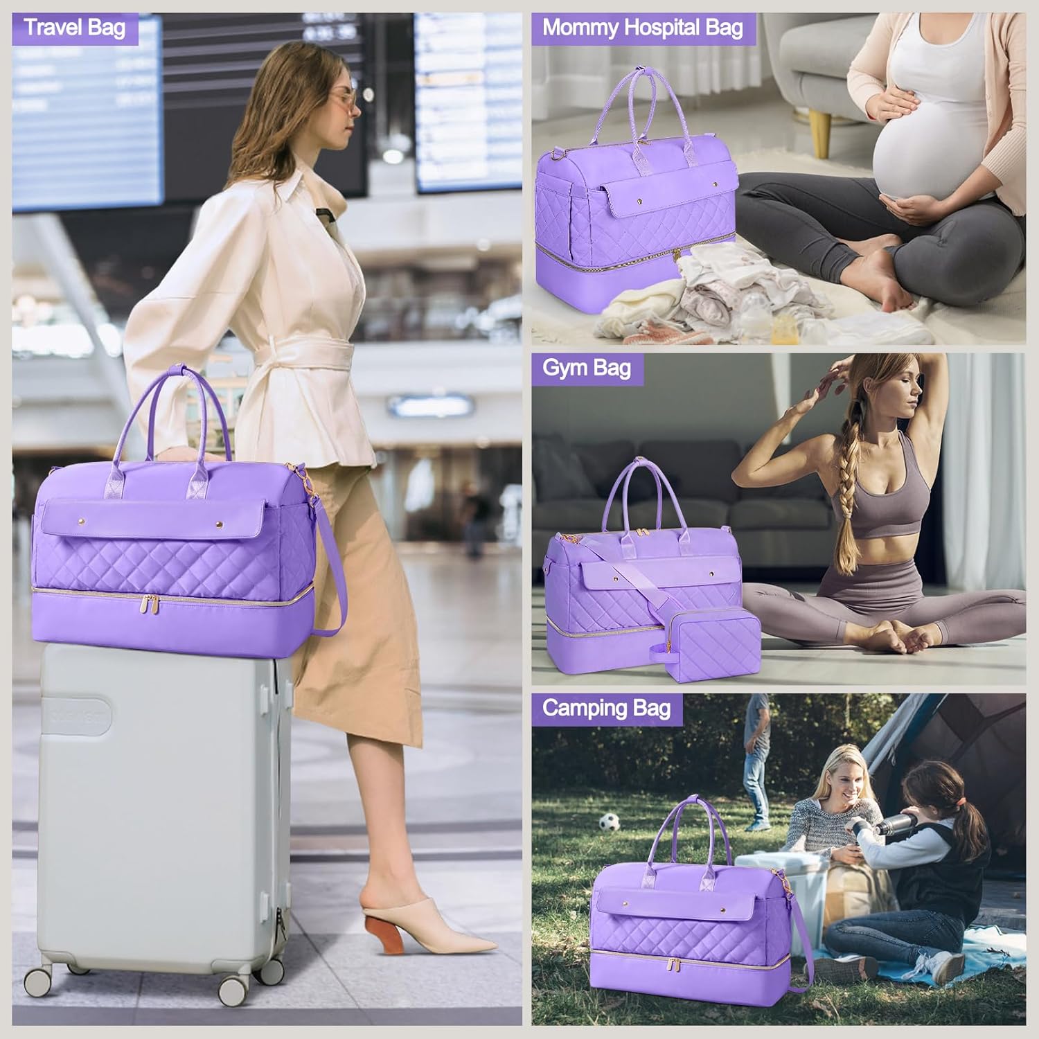 Wedama Weekender Bags for Women, Large Travel Duffel Bag with Shoe Compartment, Carry on Overnight Bag with Toiletry Makeup Bag, Gym Duffel Bag for Travel Gym Camping Hospital, Purple