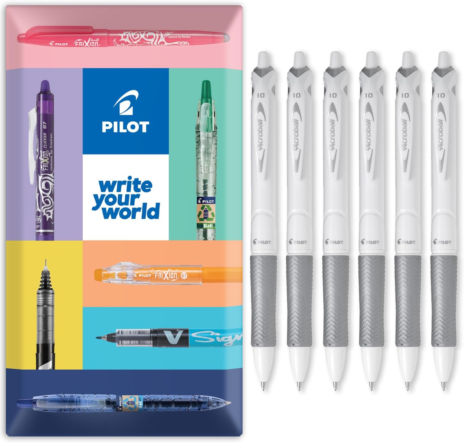 Pilot Acroball Pure White Retractable Ballpoint Pen - Begreen Range 79% Recycled - Pack of 6 Pens - Medium 1.0mm Nib - Ideal for Writing, School, Home, Revision, Office. (Black)