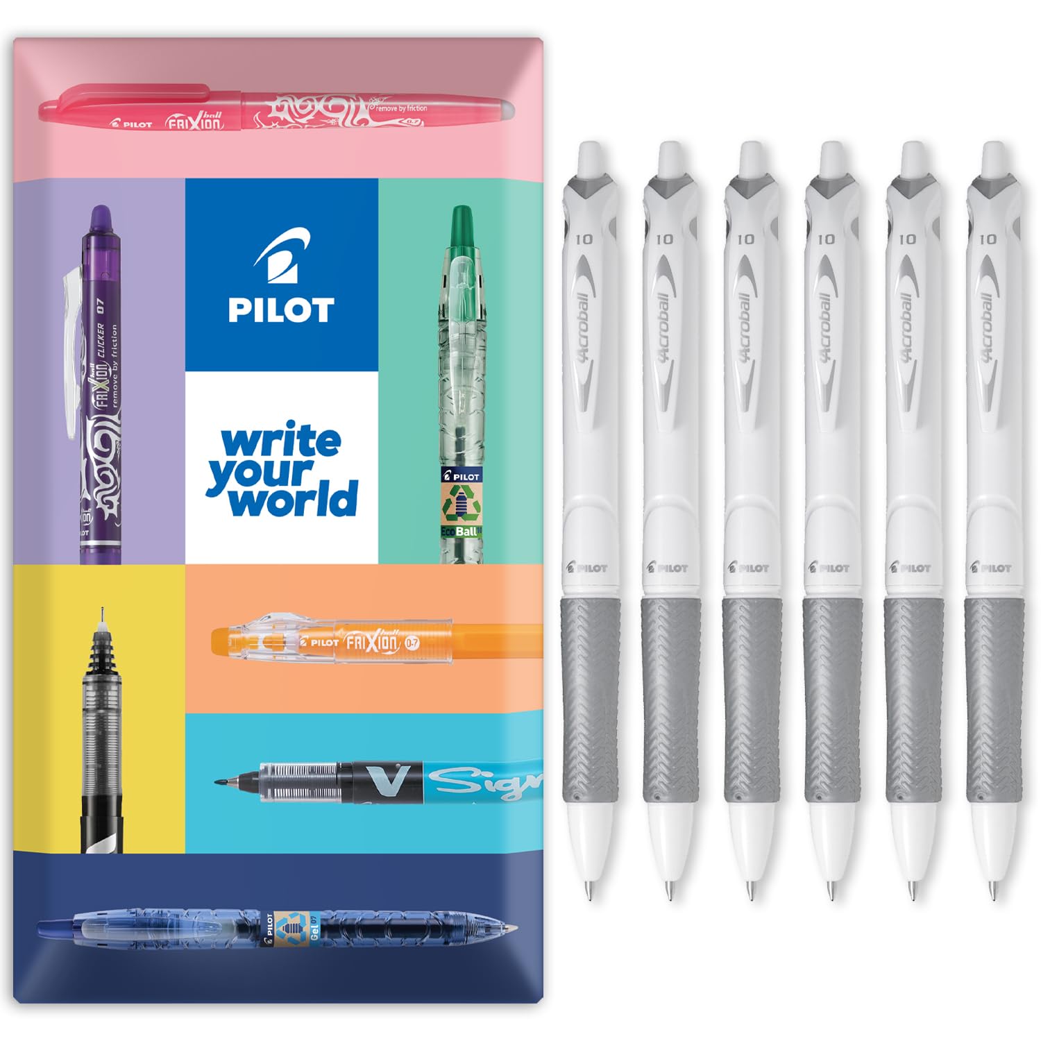 PILOT Acroball Pure White Retractable Ballpoint Pen - Begreen Range 79% Recycled - Pack of 6 Pens - Medium 1.0mm Nib - In Envelope Gift Packaging - Ideal for Writing, School, Home, Office. (Black)