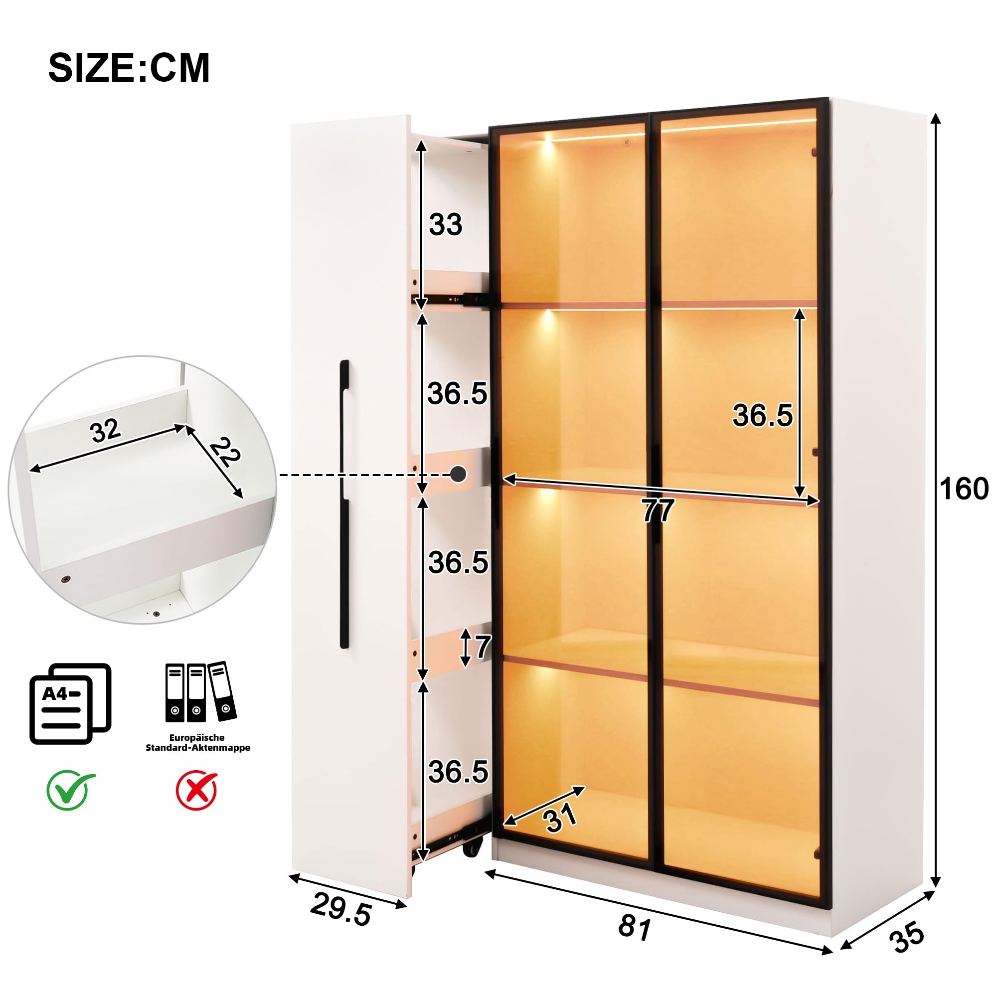Soweiz Vetrina con ante in vetro, cassetti laterali e illuminazione a LED integrata, armadietto per vino, libreria, armadio per sala da pranzo, bianco, 110,5 x 35 x 160 cm