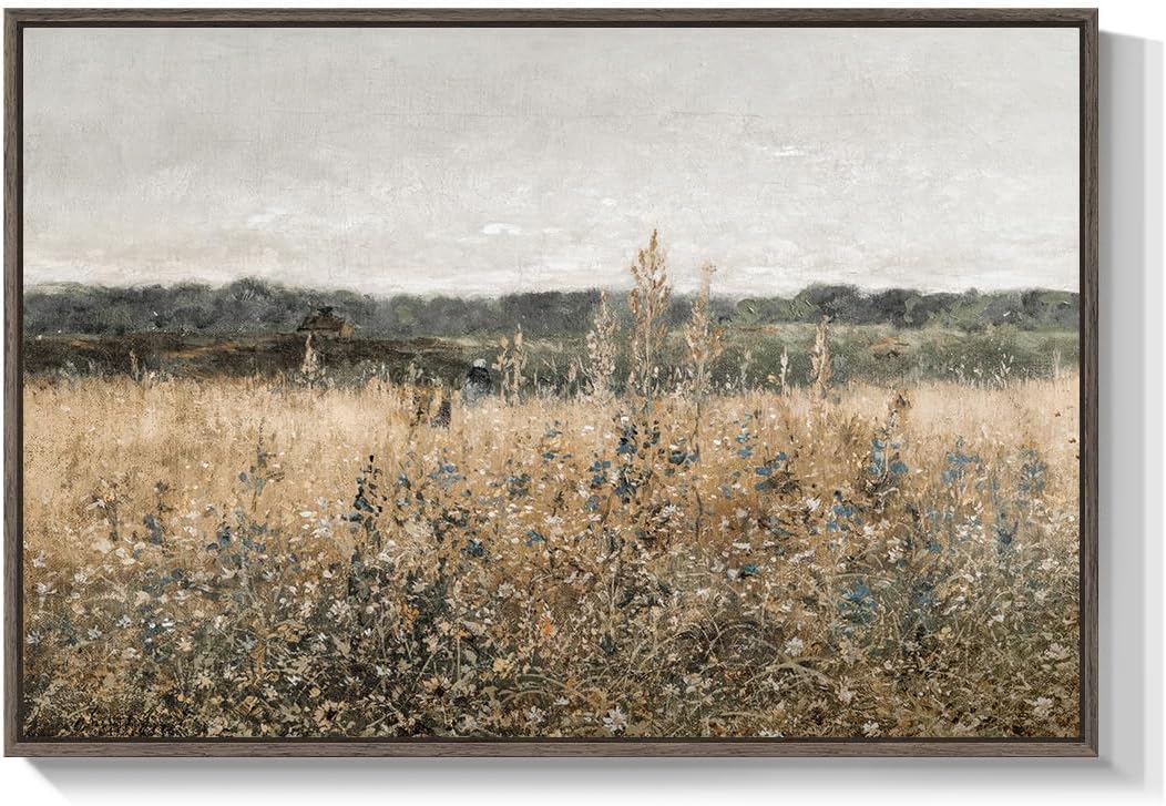 Framed Vintage Landscape Canvas Wall Art for Living Room Bedroom - Large Rustic Modern Farmhouse Meadow with Flowers Picture, Cottagecore Nature Art Decor for Dining Hallway Office, 24x36 Inch