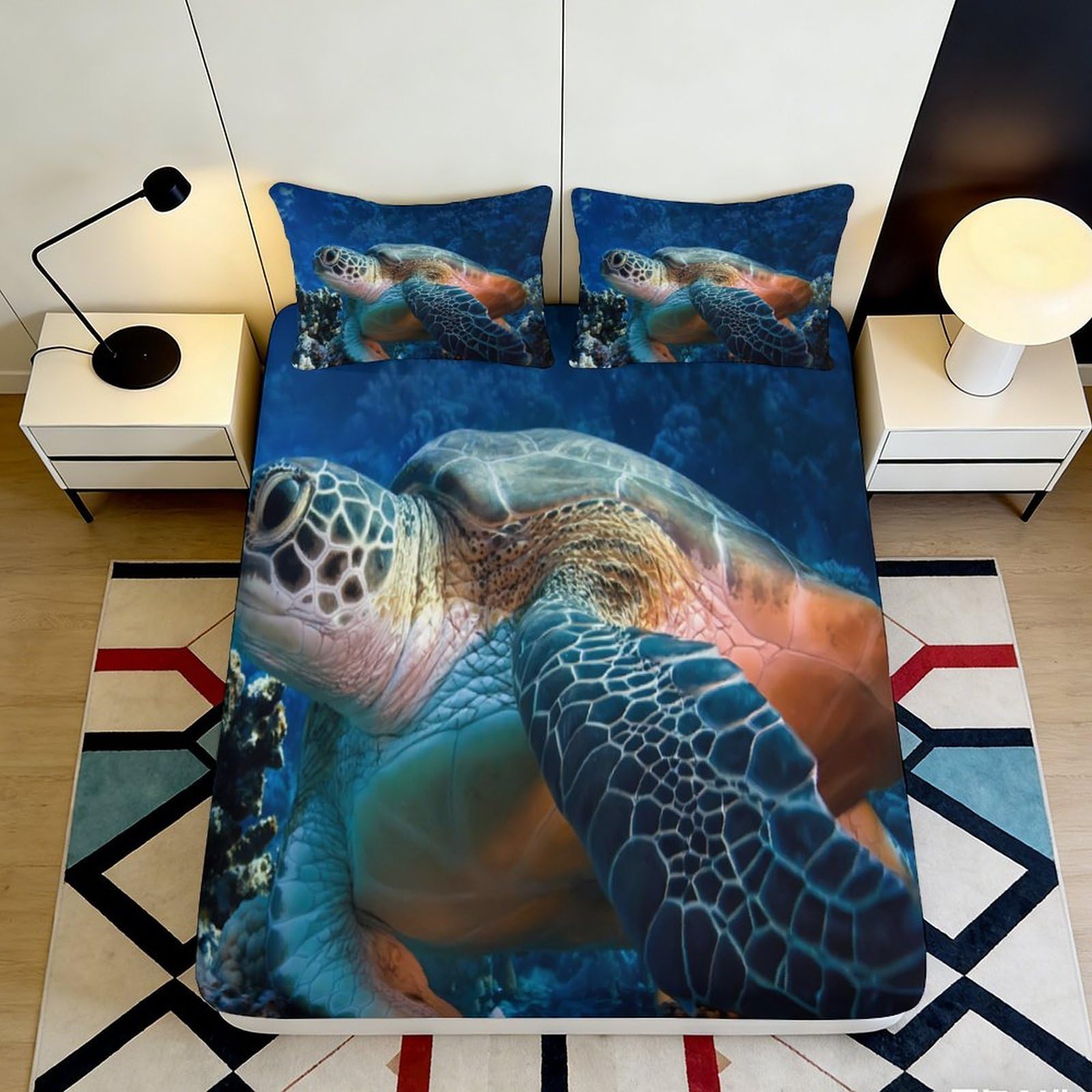 3D Printed Sea Turtle Ocean Fitted Sheet Microfiber Soft Breathable Coral Reef Bed Cover for Bedroom Dorm Mattress Protection Decor 180x200x25cm