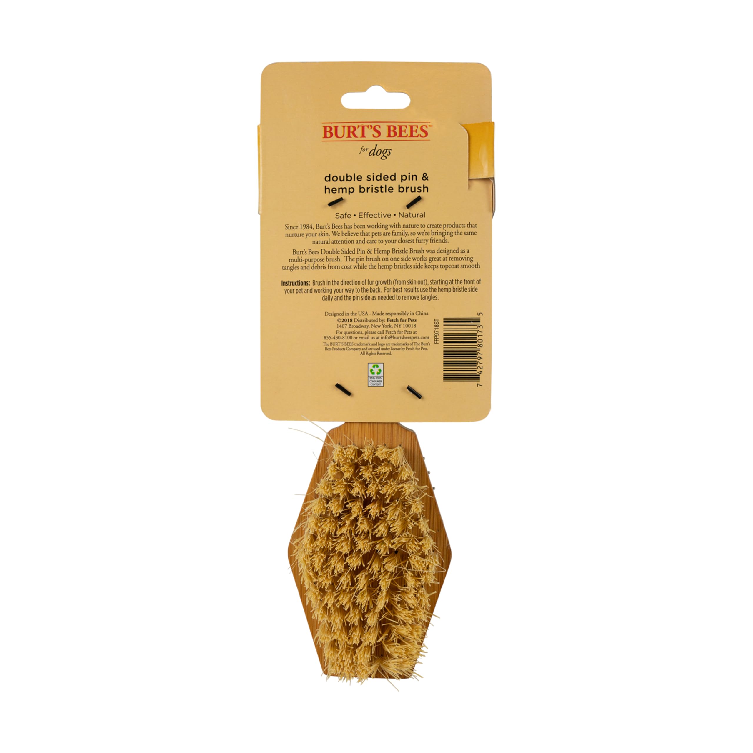 Burt's Bees for Dogs dwustronna szczotka dla psów z igłą i włosiem konopnym | najlepsza uniwersalna szczotka dla psów do zmniejszenia wypadania włosów | dla dużych i długowłosych psów, bambus