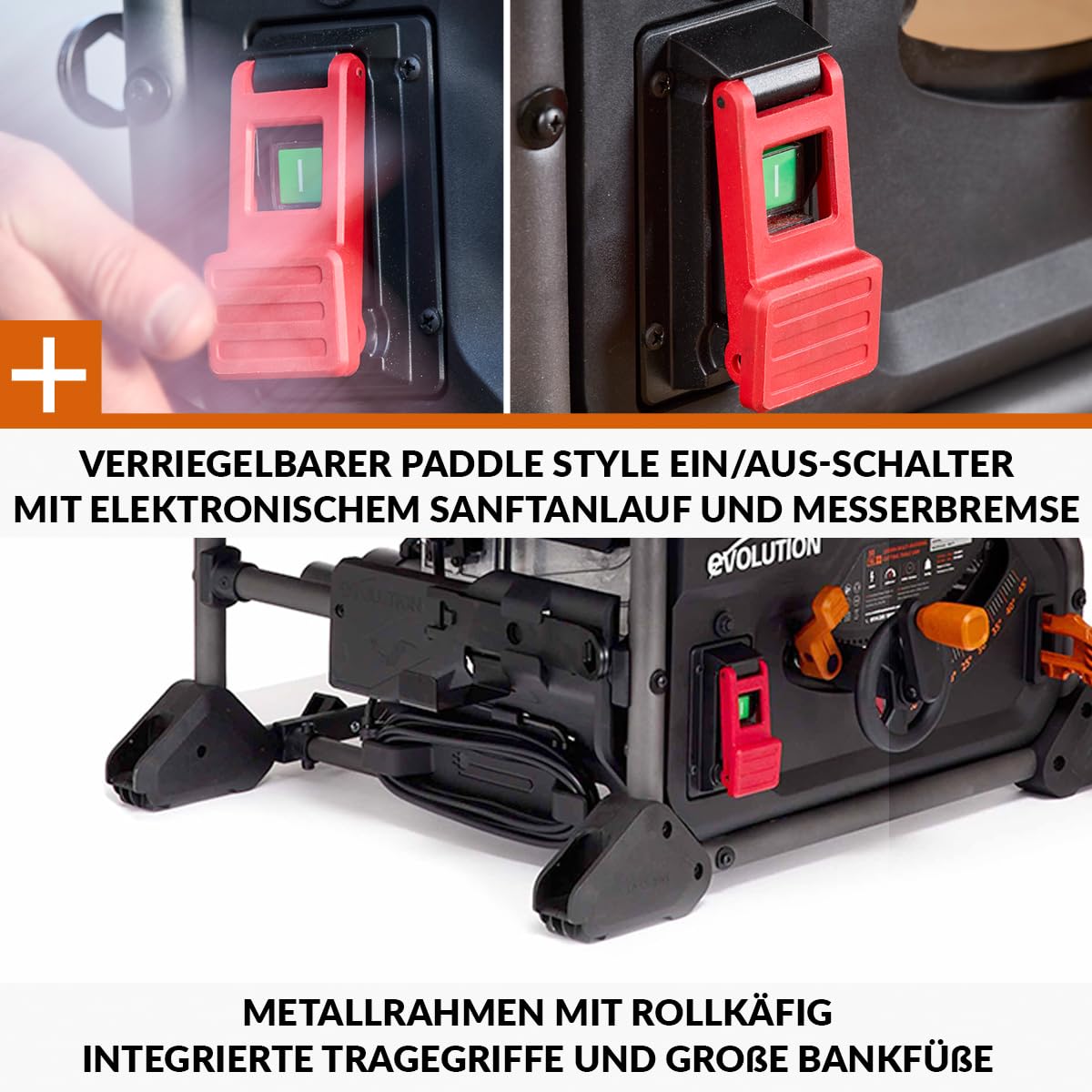 Evolution Power Tools R255TBL+ tischkreissäge, Tischsäge Tragbares Multi-Material-Sägeblatt im Lieferumfang enthalten Schneidet Holz Metall Kunststoff, 45˚ Fase, +/- 60˚ Gehrungswinkel, 1800w Motor