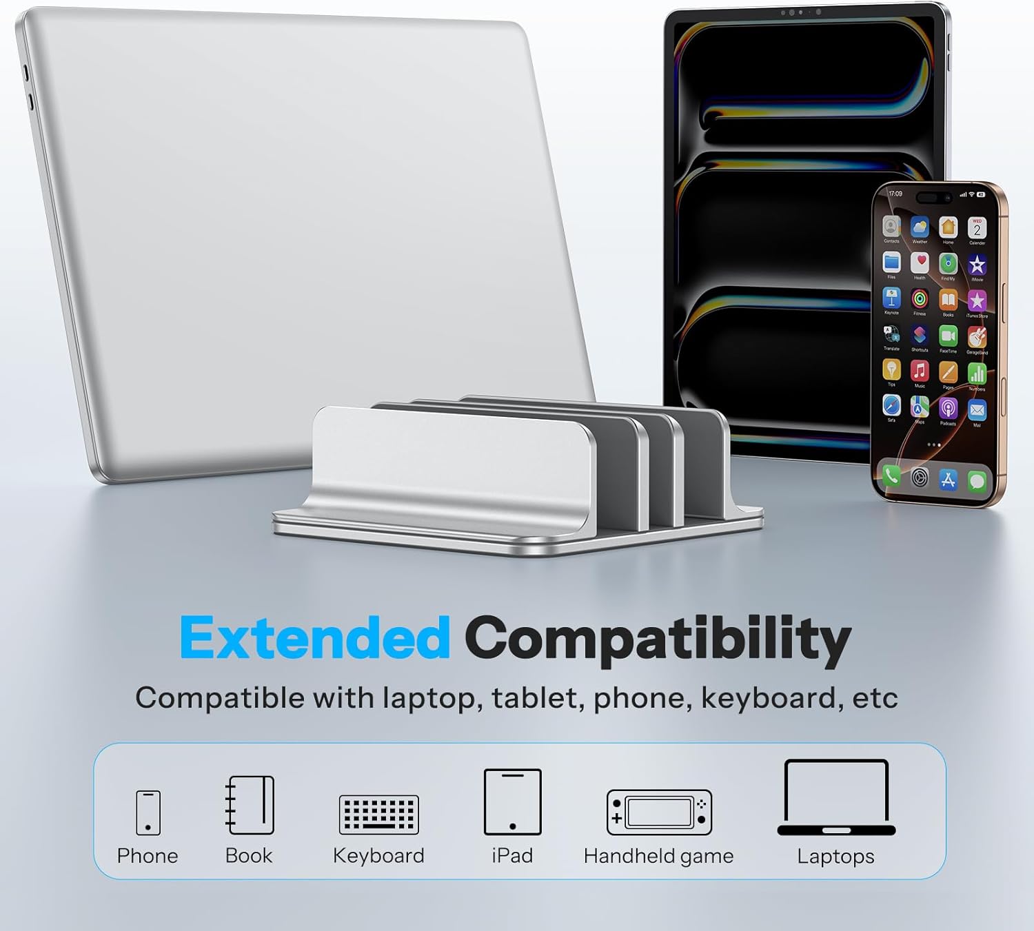 OMOTON 3-Slot Vertical Laptop Stand, Desktop Aluminum Stand for MacBook with Adjustable Dock Size, Fits All MacBook, Surface, Chromebook and Gaming Laptops (Up to 17.3 inches), Bright Silver 3-Slot Bright Silver image 5 of 7 B0F3XCX1X2