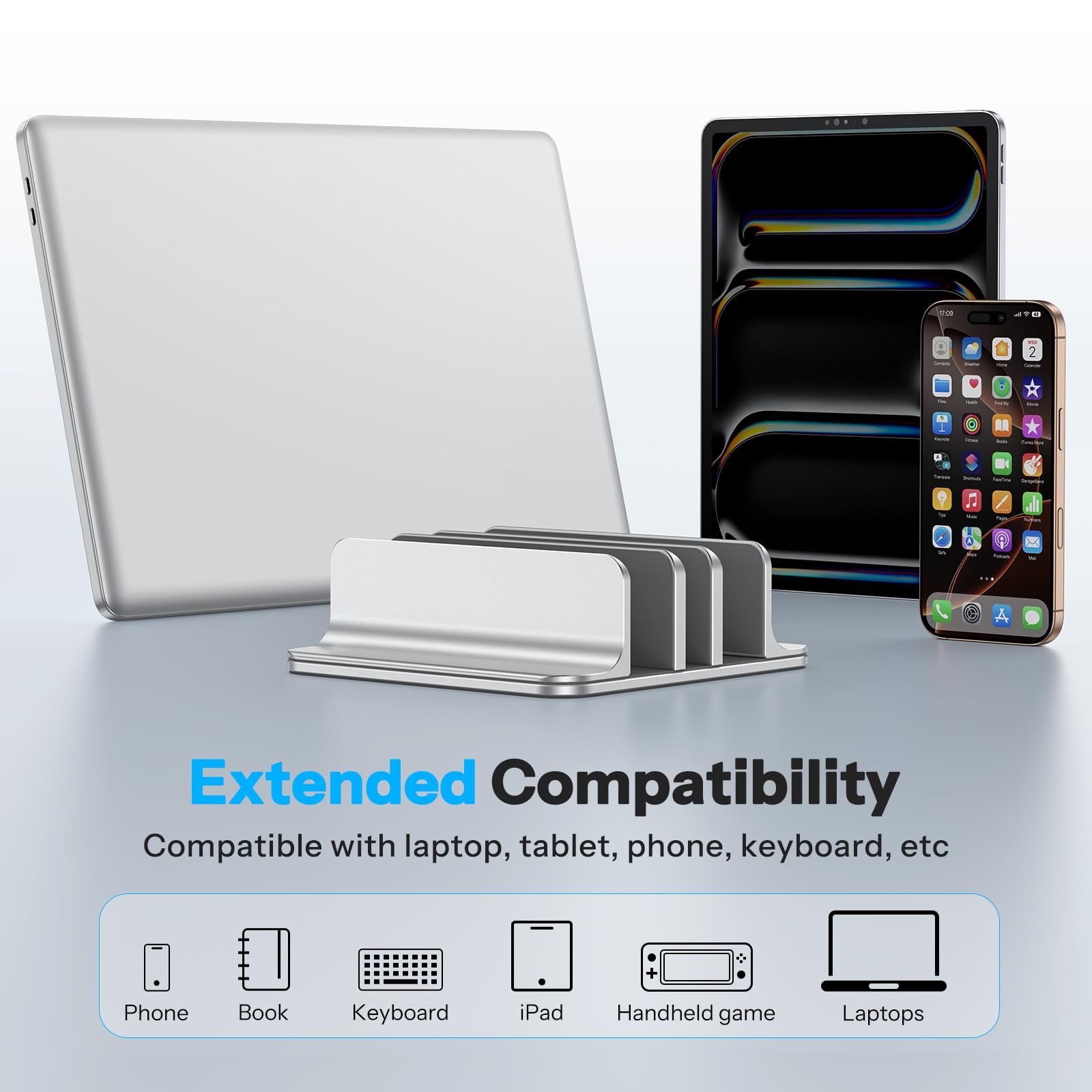 OMOTON Support Vertical pour Ordinateur Portable à 3 Emplacements, Support de Bureau en Aluminium, Dock Réglable, Compatible avec MacBook et Tous Les Ordinateurs Portables (jusqu'à 17,3''), Argent