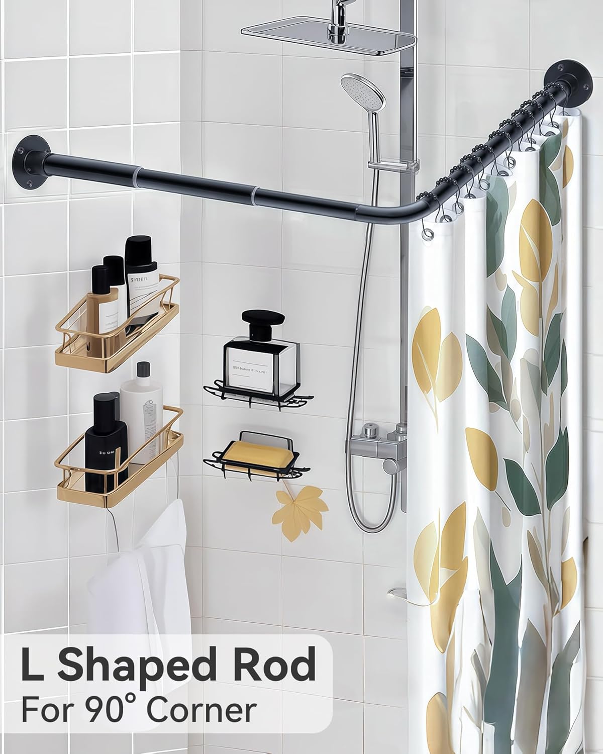 L Shaped Corner Shower Curtain Rod, 24.3" - 48" x 24.3" - 48" Adjustable 90 Degree Right Angled Shower Rod Square Curtain Rail for Bathroom Bathtub with 12 Hooks & Ceiling Support