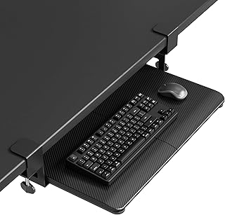 BONTEC KMT01-PJ Under Desk Keyboard Tray, Pull-Out Keyboard & Mouse Platform with C-Clamp, 20 x 11.8 in Space-Saving Ergonomic Slide-Out Drawer, Black Carbon Fiber