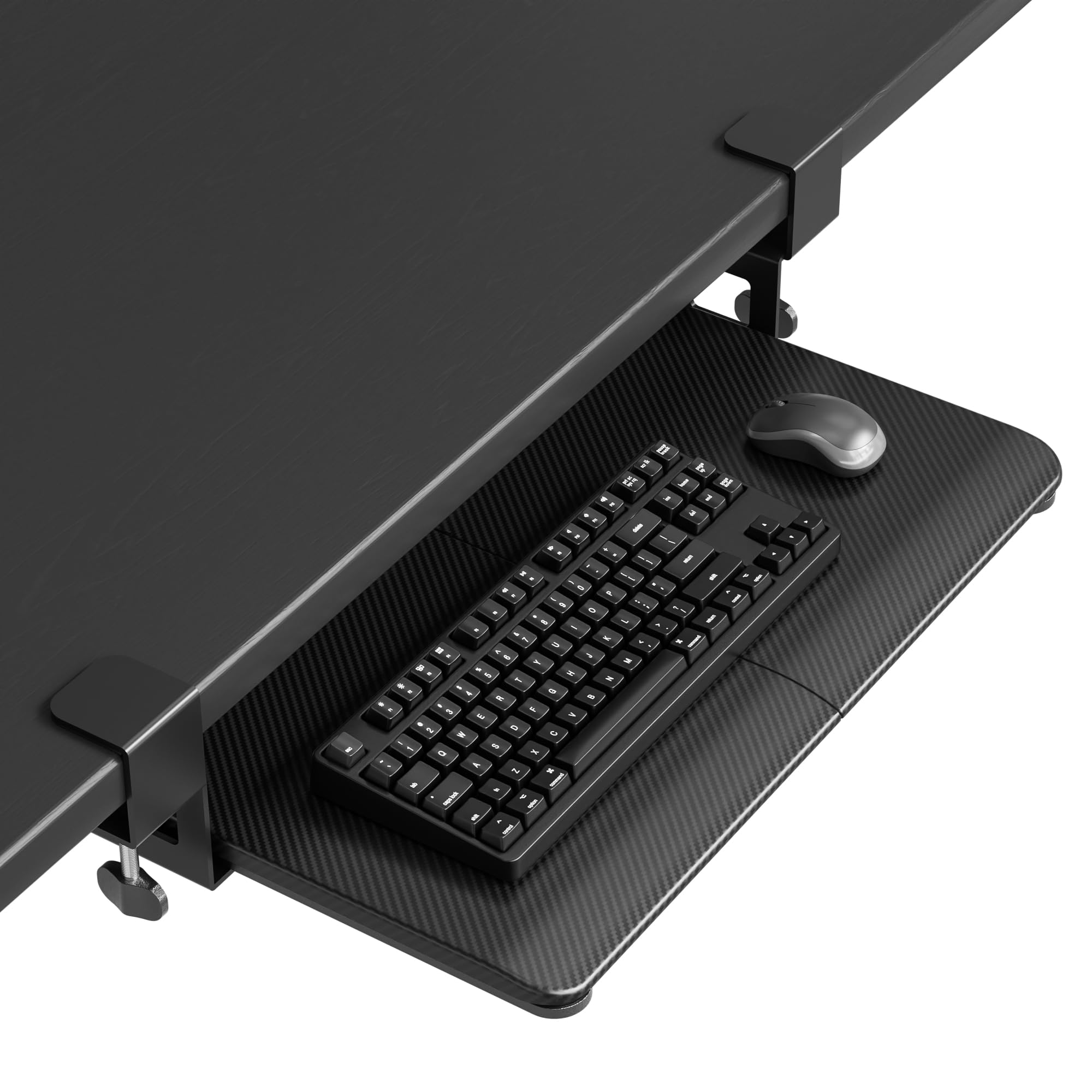 BONTEC KMT01-PJ Under Desk Keyboard Tray, Pull-Out Keyboard & Mouse Platform with C-Clamp, 20 x 11.8 in Space-Saving Ergonomic Slide-Out Drawer, Black Carbon Fiber