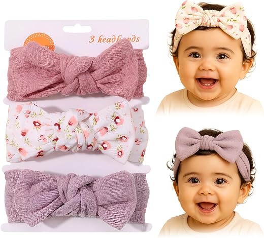 SYGA 3 Pcs Baby Headband Nylon Bow Soft Stretchable Hairband for Newborn Infant Toddler Kids For 0-3 Year (Type-D, Free Size)