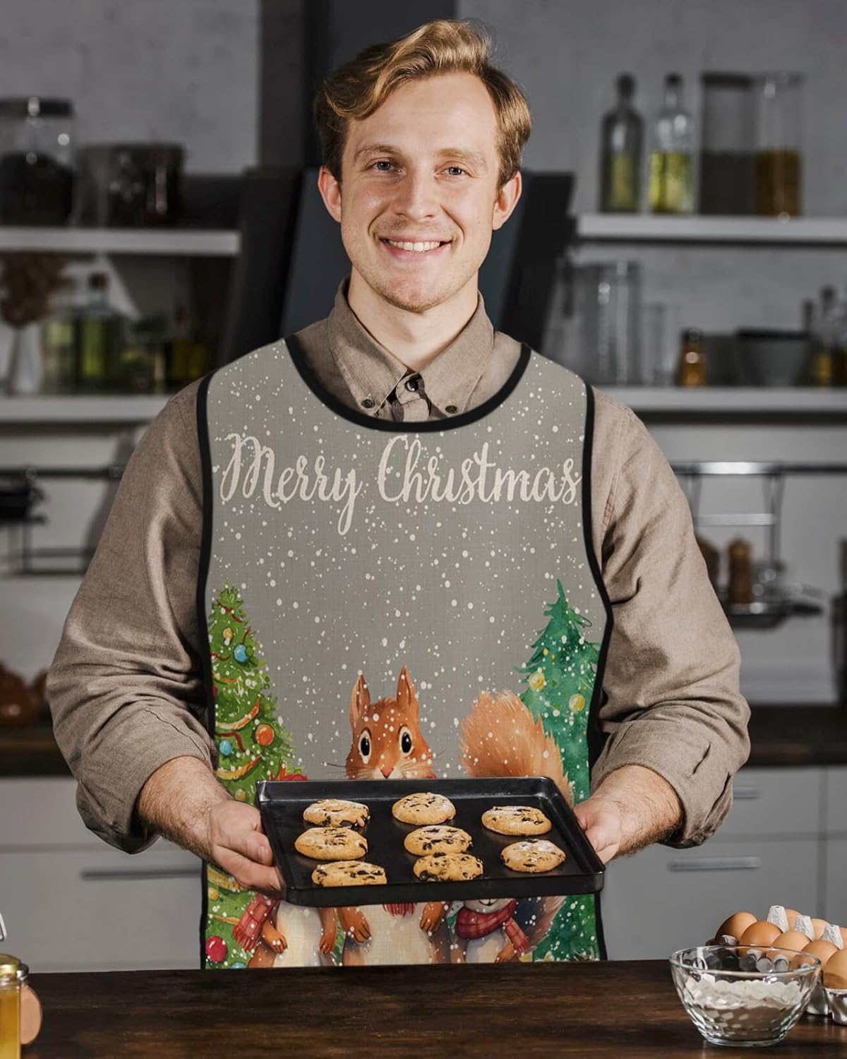 Double Love Christmas Gnomes Cobbler Aprons with 2 Pockets for Women Men, Xmas Snowy Tree Bird Pink