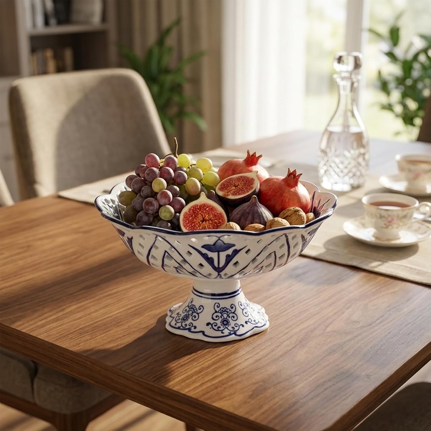 XINGYAN 9.57in Blue and White Chinoiserie Bowl,Fruit Bowl,Decorative Bowl, Chinese Porcelain Bowl, Footed Fruit Basket Porcelain for Kitchen Counter Table Centerpiece Decor (9.57in)