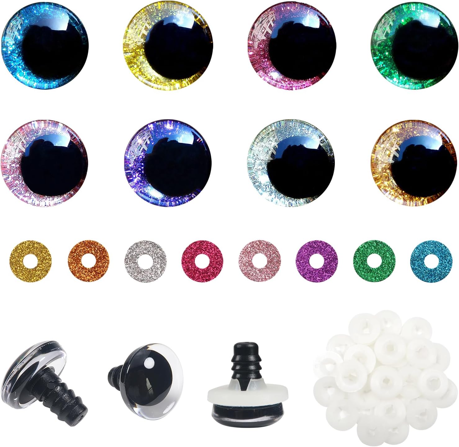 TOAOB 32 Set Glitter Safety Eyes for Amigurumis 25mm Round 8 Colors Crochet Doll Eyes with Washers for DIY Puppet Stuffed Animals Making