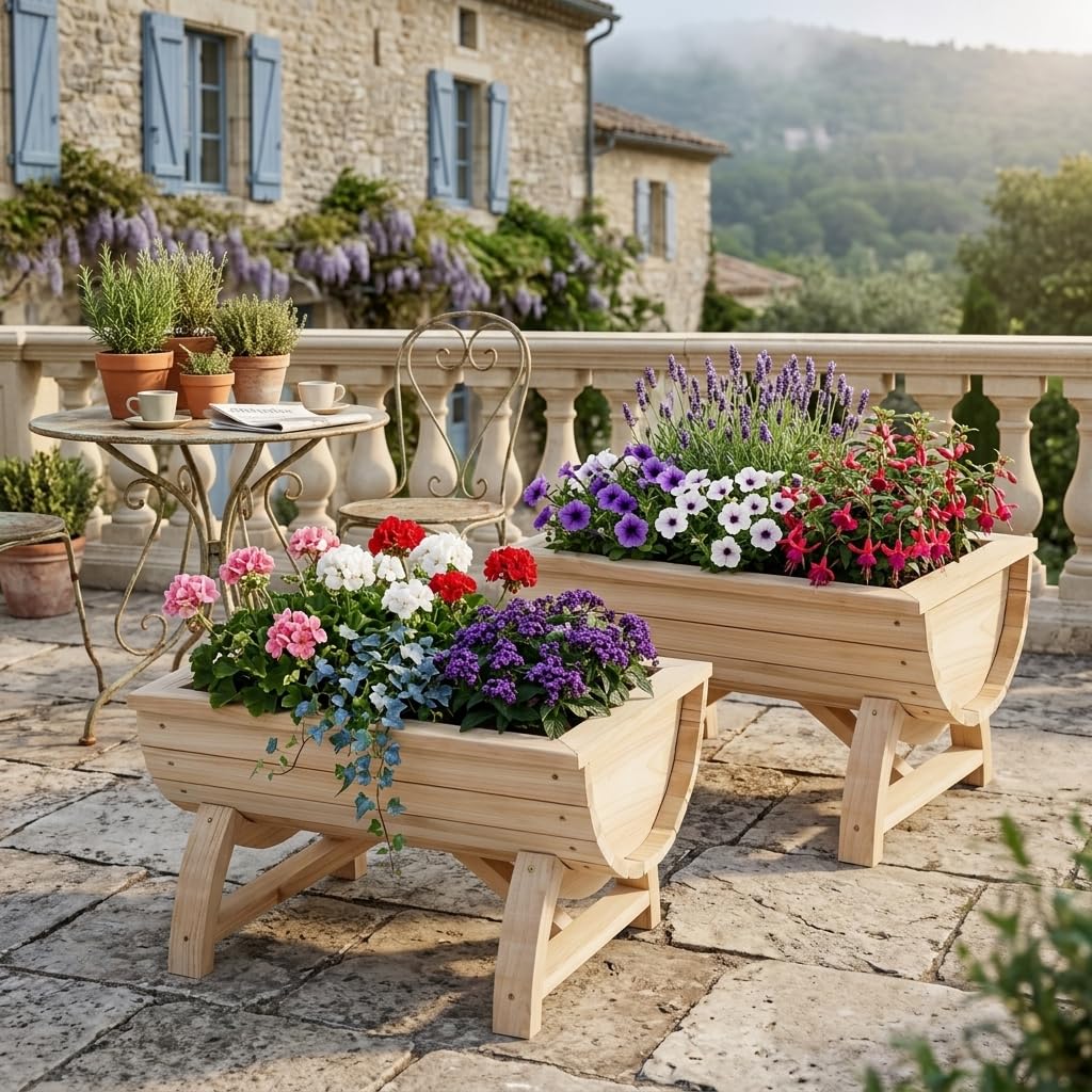 GOPLUS Lot de 2 Jardiniere sur Pieds en Bois Massif, 39x30x24 CM, Carre Potager Forme Demi-Tonneau avec Trou de Drainage pour Légumes, Plantes, Herbes, Table de Culture pour Balcon, Jardin