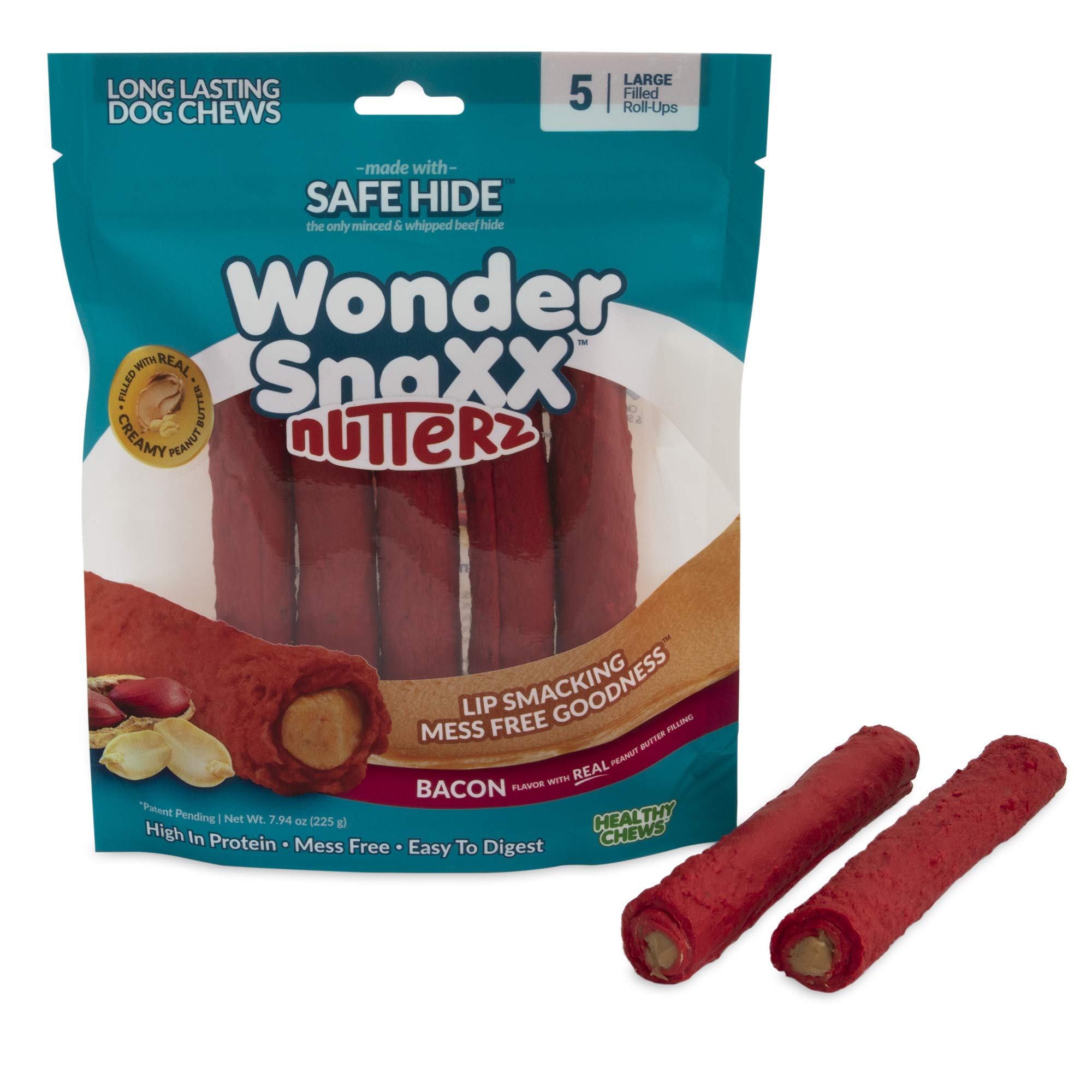 Wonder SnaxxNutterz, Bacon Dog Chews Made from Whipped Rawhide, Large, 5 Chews