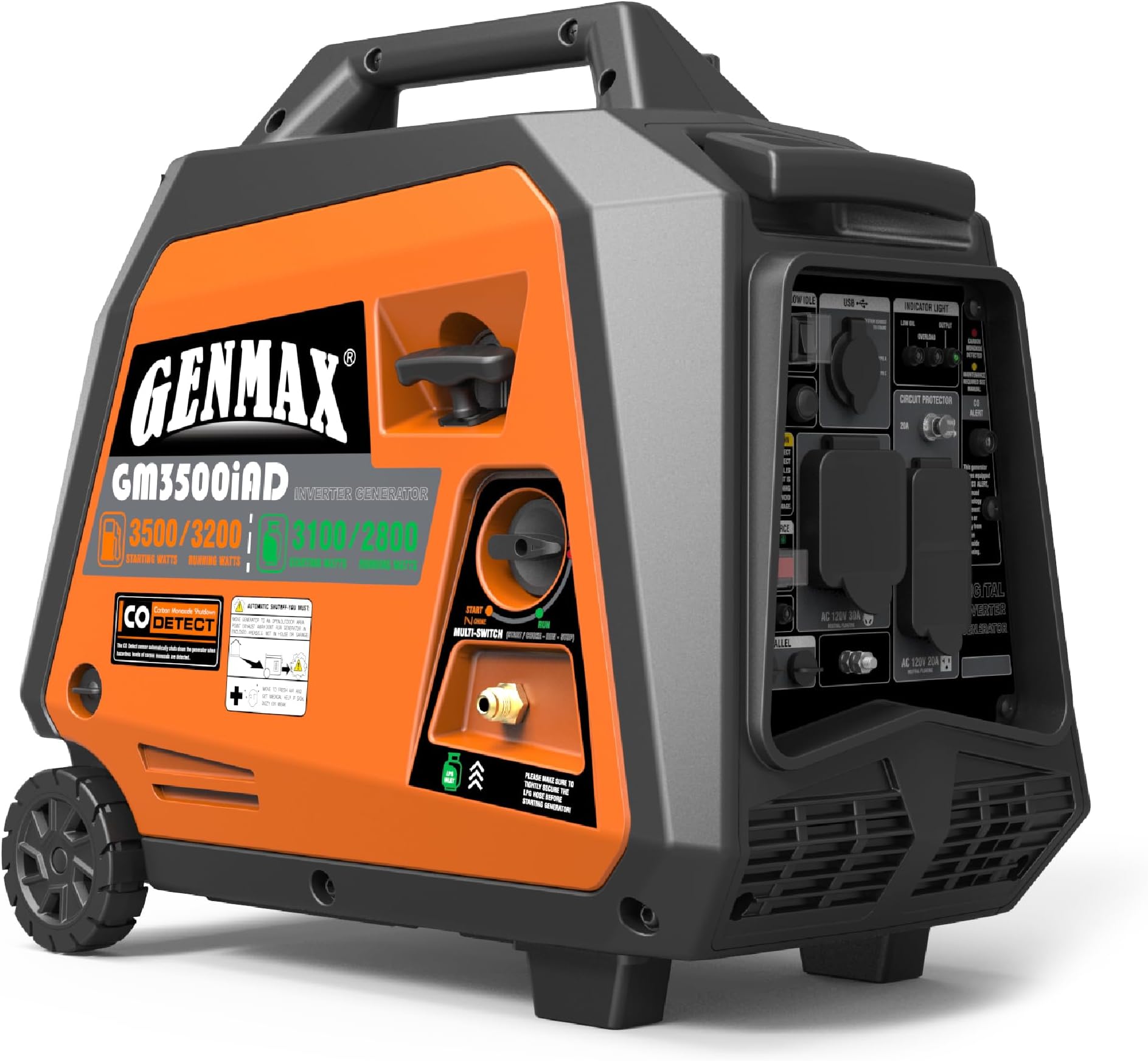 GENMAX Portable Generator, 3500W Super Quiet Gas or Propane Powered Engine with Parallel Capability, Manual start，Ideal for Camping Travel Outdoor.EPA Compliant