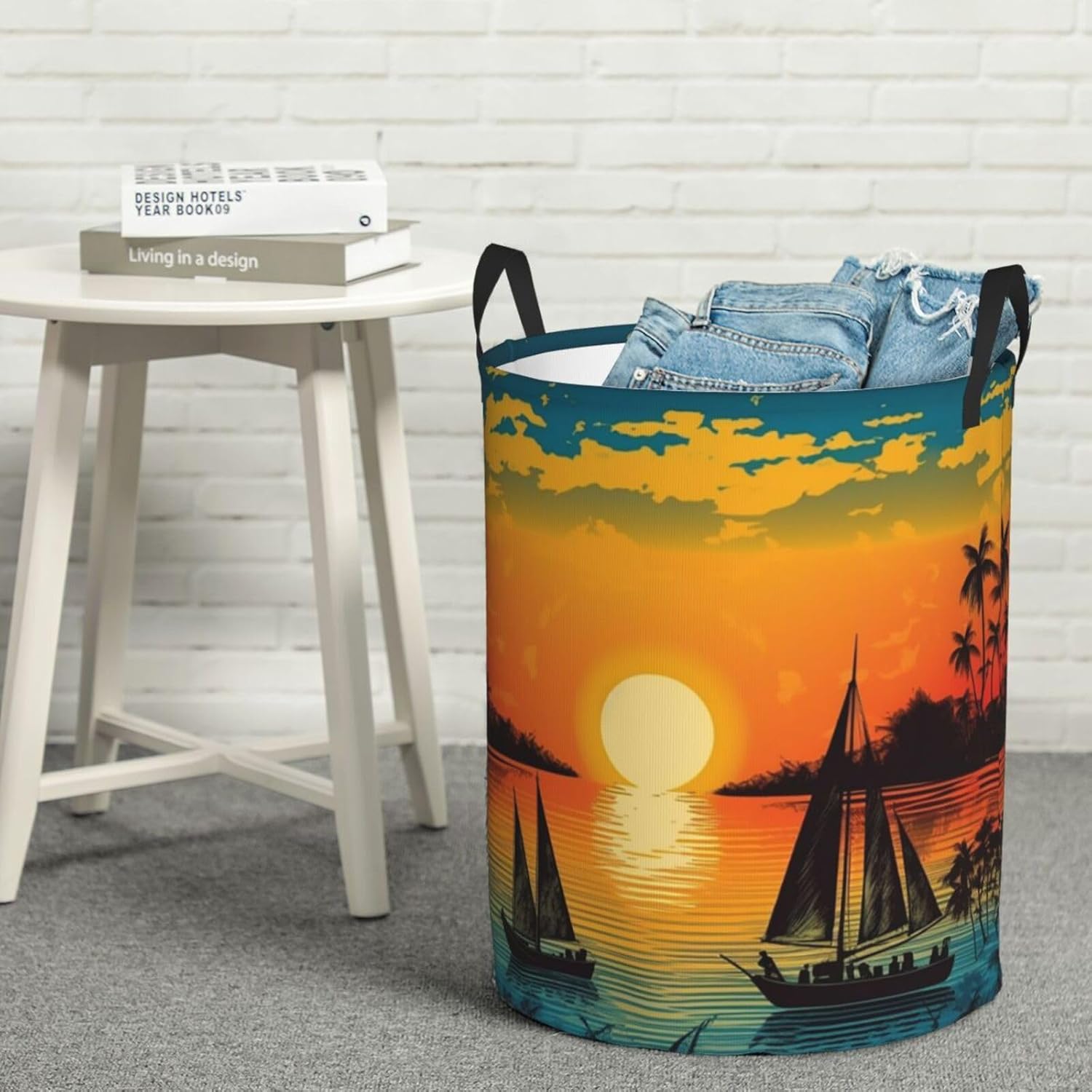 Sunset with a boat Laundry Basket With Handles, Foldable Laundry Hamper Oxford Cloth Dirty Clothes Basket Waterproof Clothes Toys Storage Bin Organizer for Bedroom Bathroom Dorm