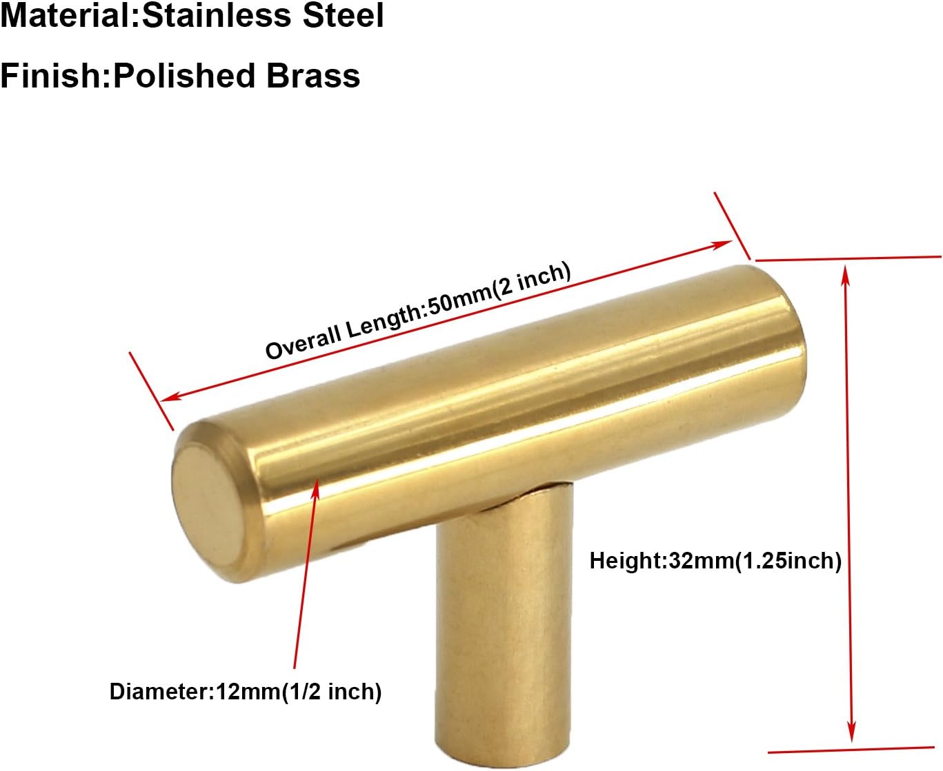 homdiy Gold Cabinet Knobs 15 Pack Cabinet Hardware Knobs Polished Brass - HD201PB Single Hole T Knob with 2in Overall Length Drawer Pulls and Knobs Gold