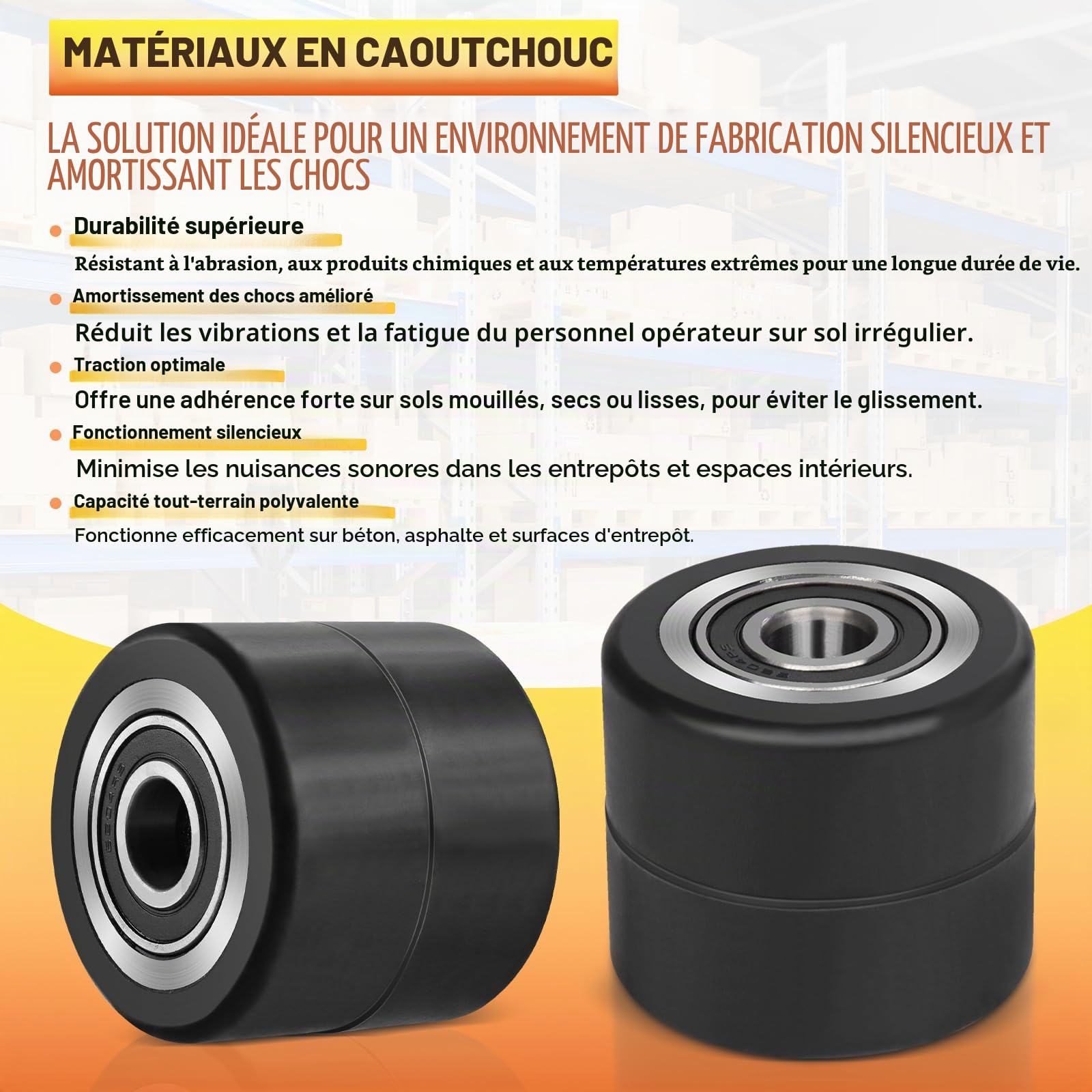 Lot de 4 roulettes de chariot élévateur en caoutchouc 80 x 70 mm, max. 600 kg par roulettes, avec roulement à billes pour chariot élévateur, axe 20 mm, pour transpalette, élévateur de rechange