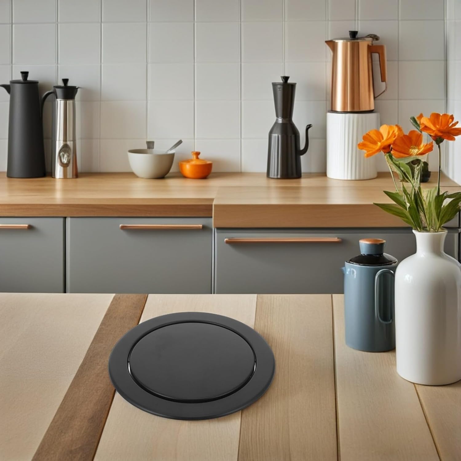 BESTonZON Recessed Swing Trash Can Lid 2pcs Stainless Steel round Countertop Garbage Flap Cover Built-in Waste Chute for Kitchen Bathroom Office