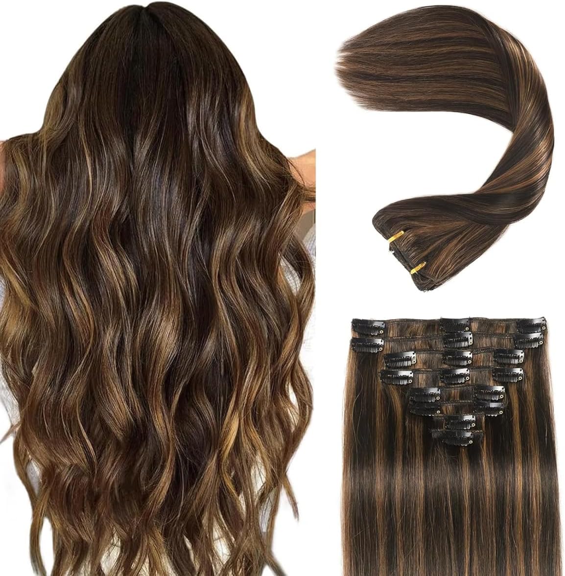 Clip in Hair Extensions Real Human Hair Clip ins 100% Human Hair Extension for Women 8pcs Per Set with 18 Clips Double Weft (20 Inch 80g #1B/6 Natural Black to Chestnut Brown)