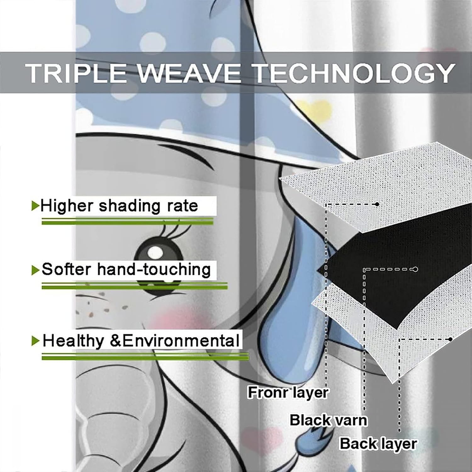 Cartoon Cute Elephant Curtain Nursery Baby Elephant with Blue Hat Windows Drapes for Nursery Room Kids Room Gifts for Boys and Girls Rod Pocket 2 Panels 63L x 36W