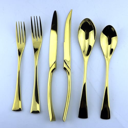 Miniatura 9 de Juego de cubiertos dorados de acero inoxidable pulido con espejo, cuchillo de carne, tenedor, tenedor de ensalada, cuchara de postre, 6 piezas,