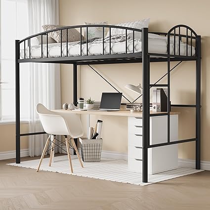 Loft Bed Twin Size with Stairs and Arched Guardrail, Sturdy Metal Slats Support, Space Saving, Noise Free, No Box Spring Needed, Ideal for Kid Room and Dorm, Black