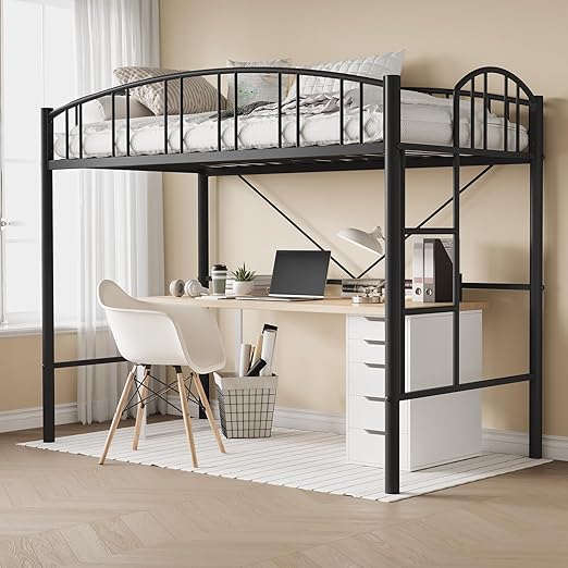 Loft Bed Twin Size with Stairs and Arched Guardrail, Sturdy Metal Slats Support, Space Saving, Noise Free, No Box Spring Needed, Ideal for Kid Room and Dorm, Black