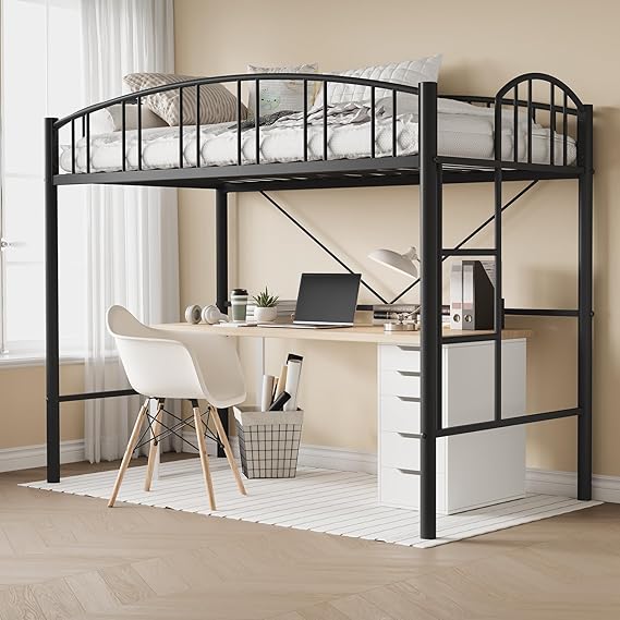 Loft Bed Twin Size with Stairs and Arched Guardrail, Sturdy Metal Slats Support, Space Saving, Noise Free, No Box Spring Needed, Ideal for Kid Room and Dorm, Black