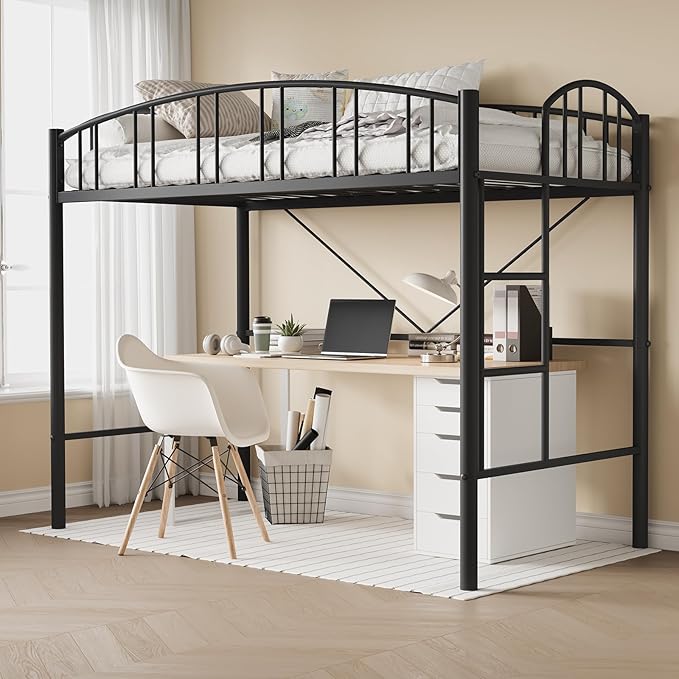 Loft Bed Twin Size with Stairs and Arched Guardrail, Sturdy Metal Slats Support, Space Saving, Noise Free, No Box Spring Needed, Ideal for Kid Room and Dorm, Black